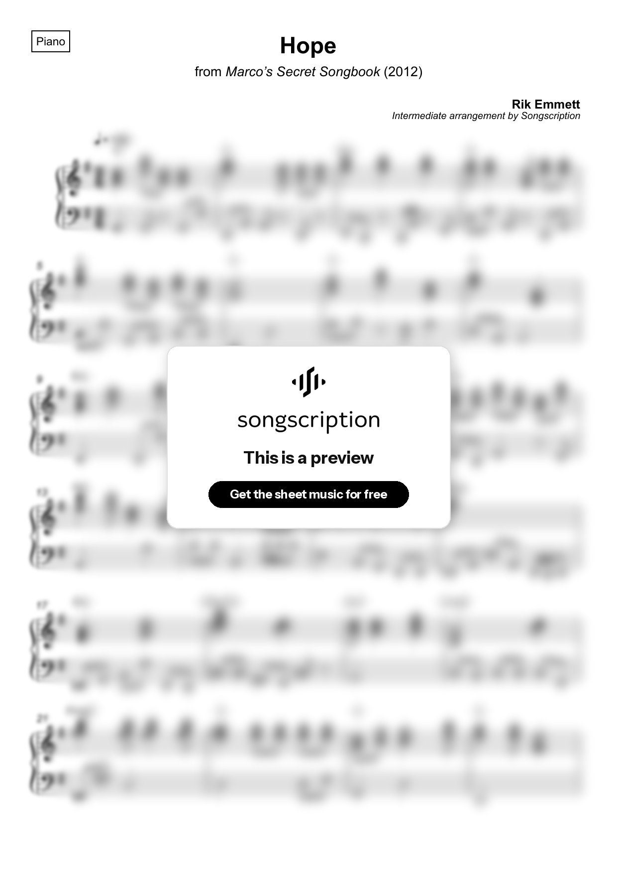 Intermediate Piano Sheet Music for "Hope" by Rik Emmett