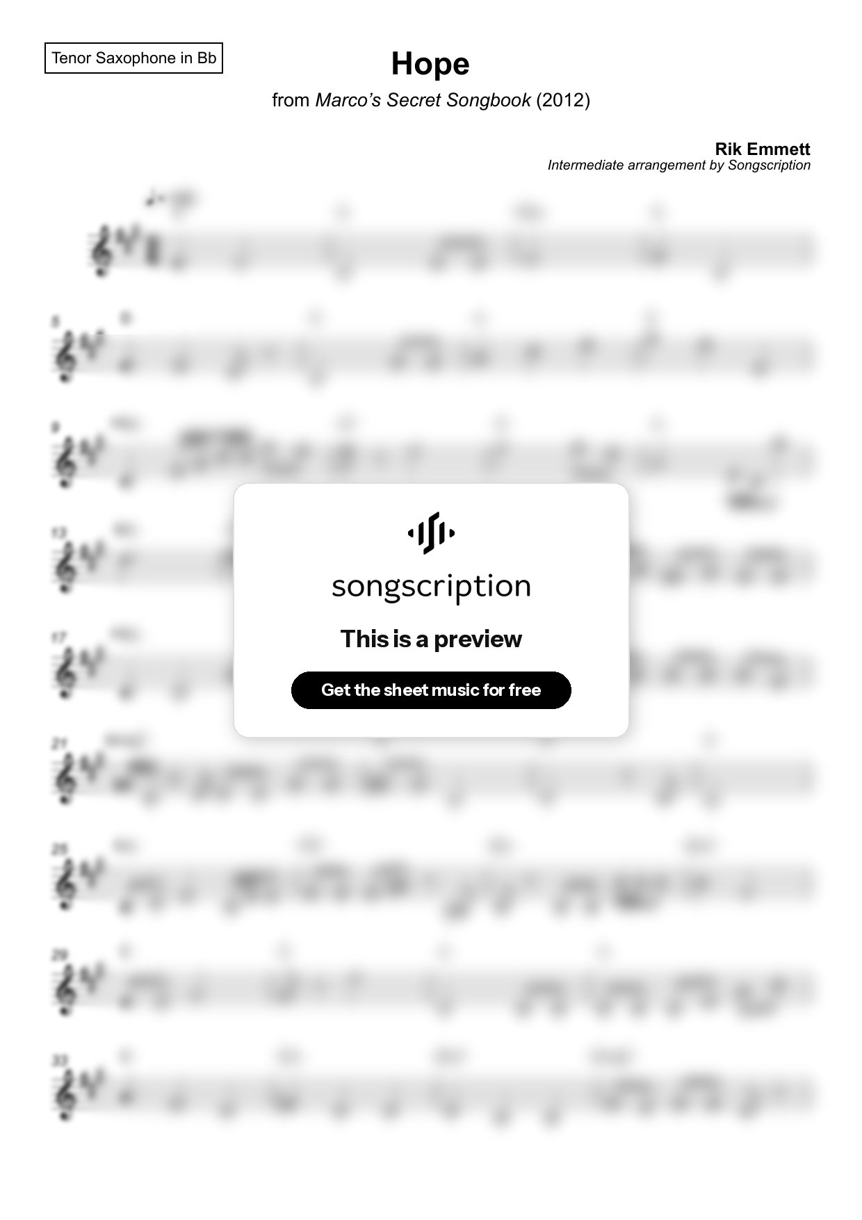 Intermediate Tenor Sax Sheet Music for "Hope" by Rik Emmett