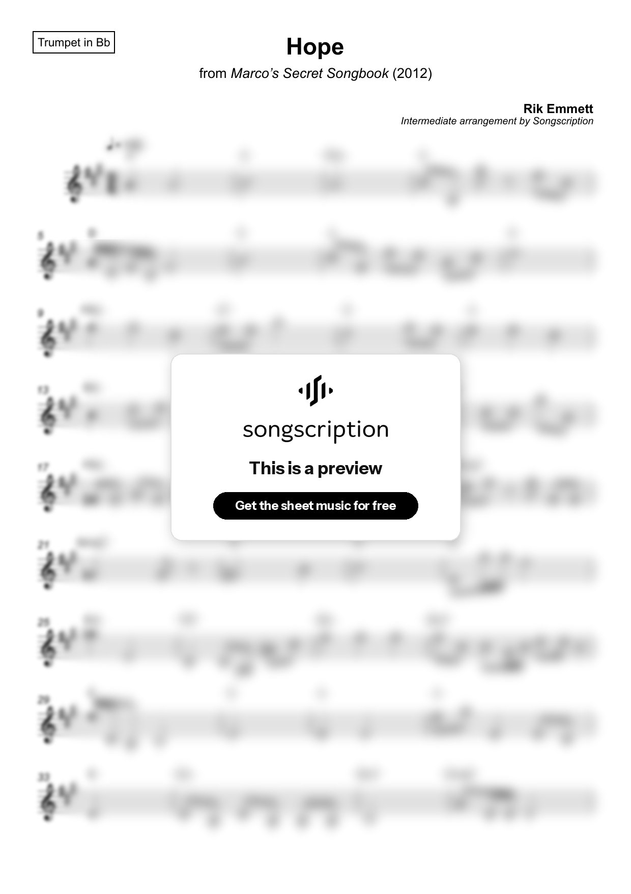 Intermediate Trumpet Sheet Music for "Hope" by Rik Emmett