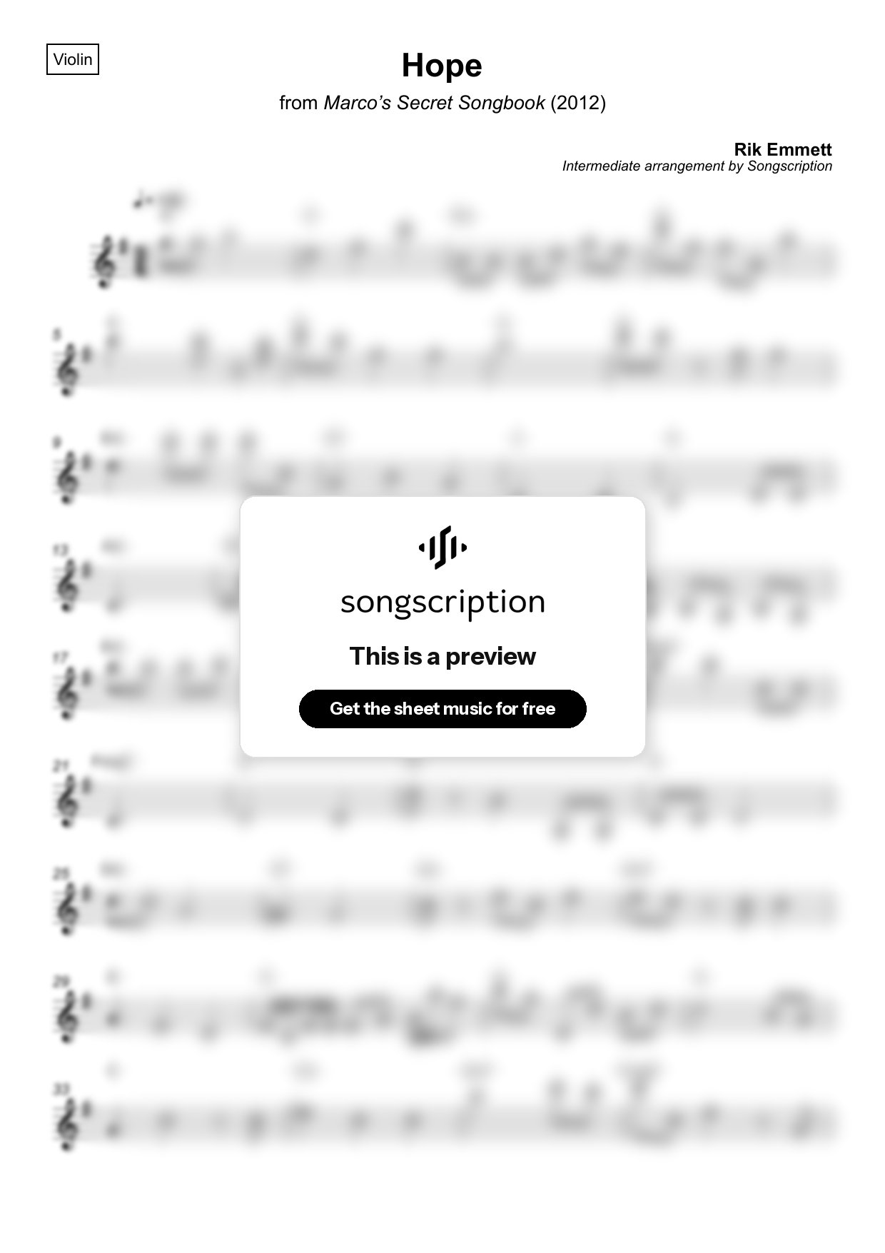 Intermediate Violin Sheet Music for "Hope" by Rik Emmett