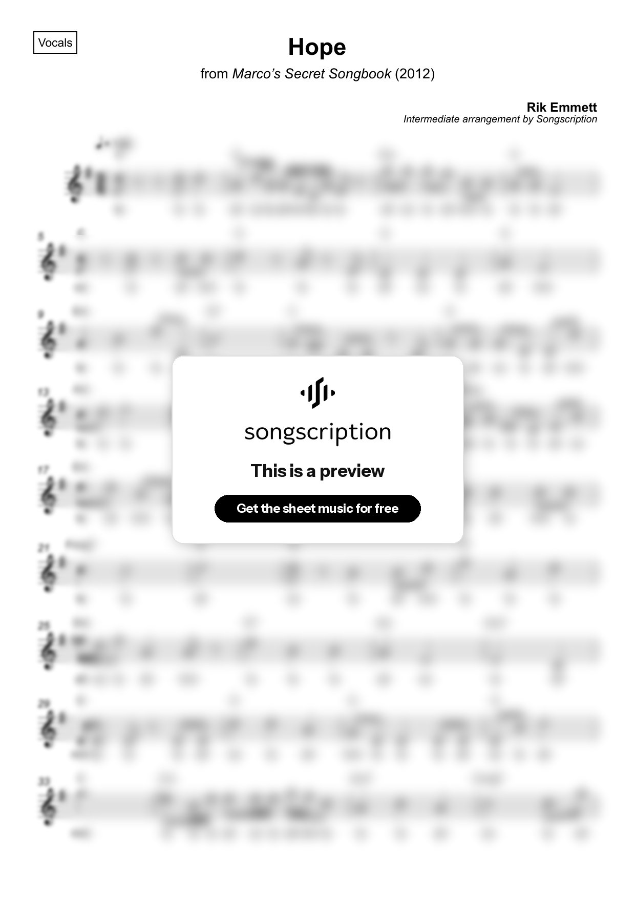 Intermediate Vocals Sheet Music for "Hope" by Rik Emmett