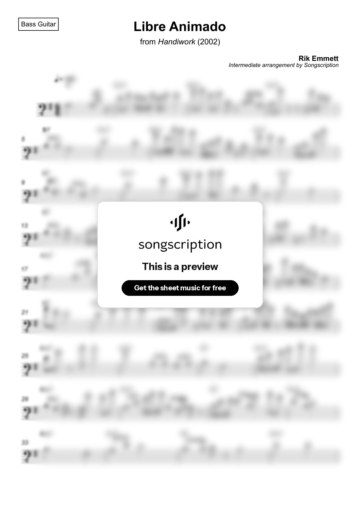 Intermediate Bass Guitar Sheet Music for "Libre Animado" by Rik Emmett