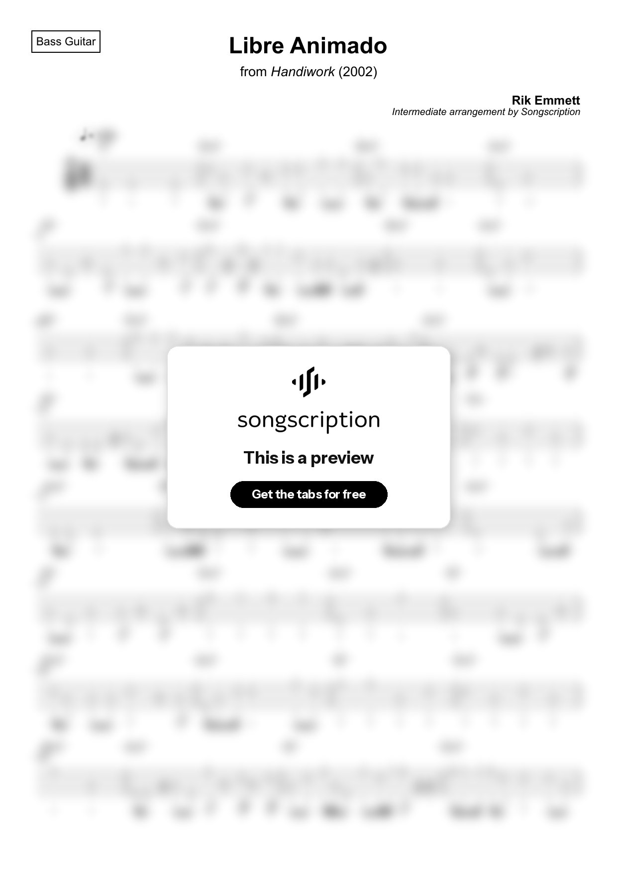 Intermediate Bass Guitar Tabs for "Libre Animado" by Rik Emmett