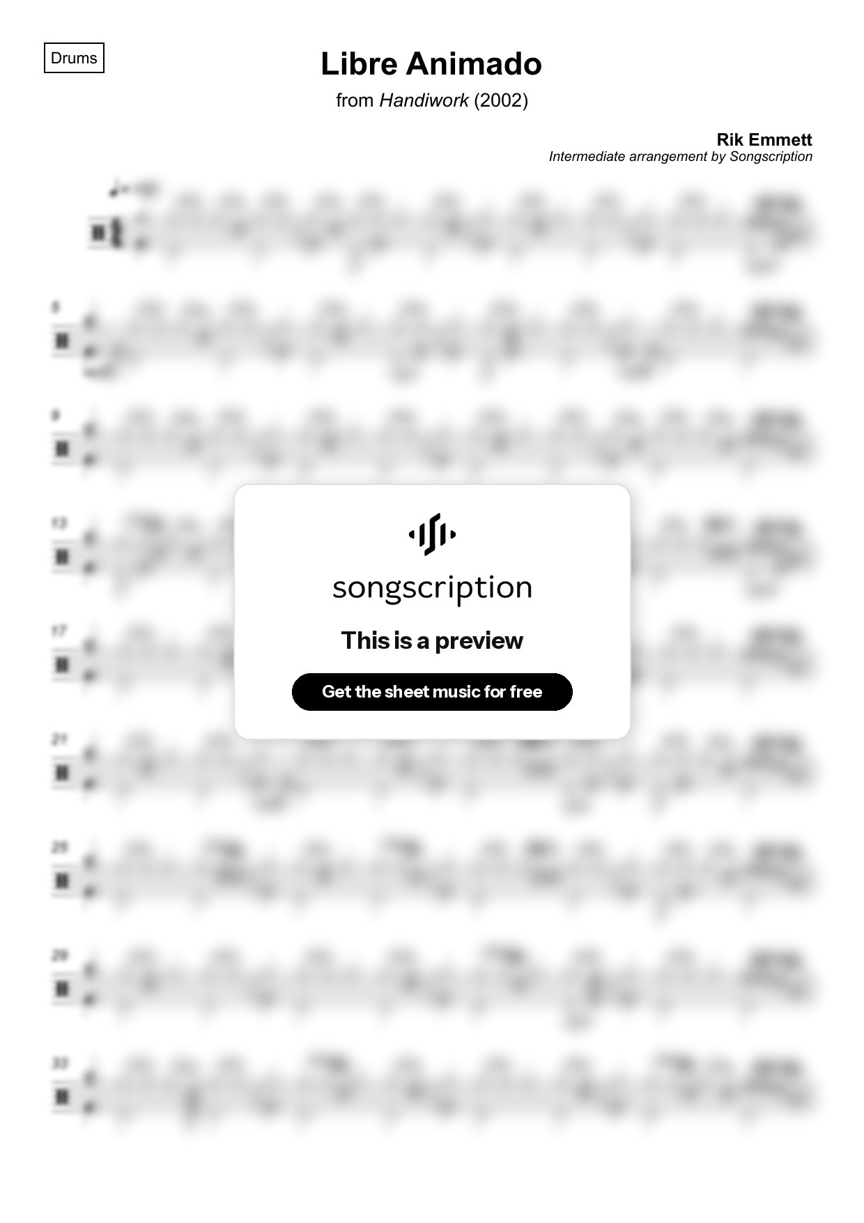 Intermediate Drums Sheet Music for "Libre Animado" by Rik Emmett