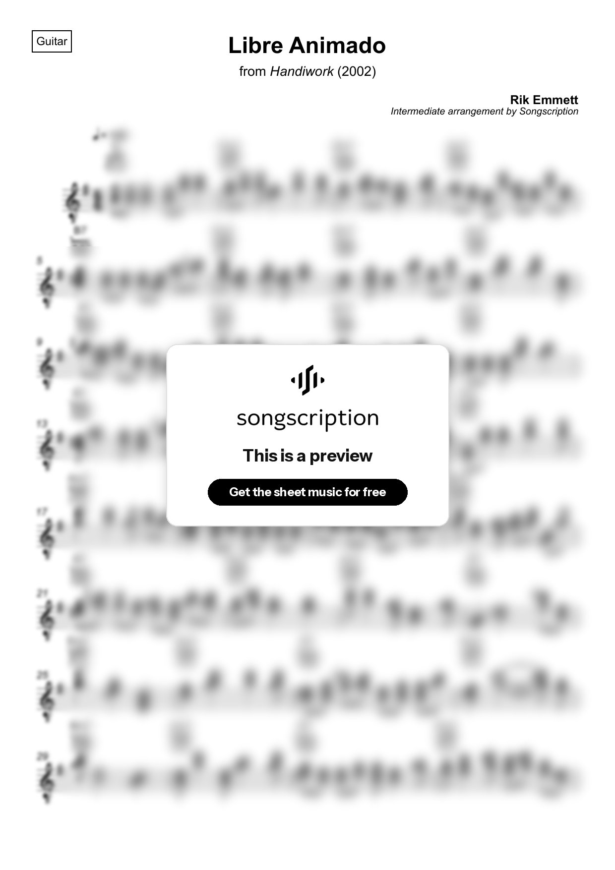 Intermediate Acoustic Guitar Sheet Music for "Libre Animado" by Rik Emmett