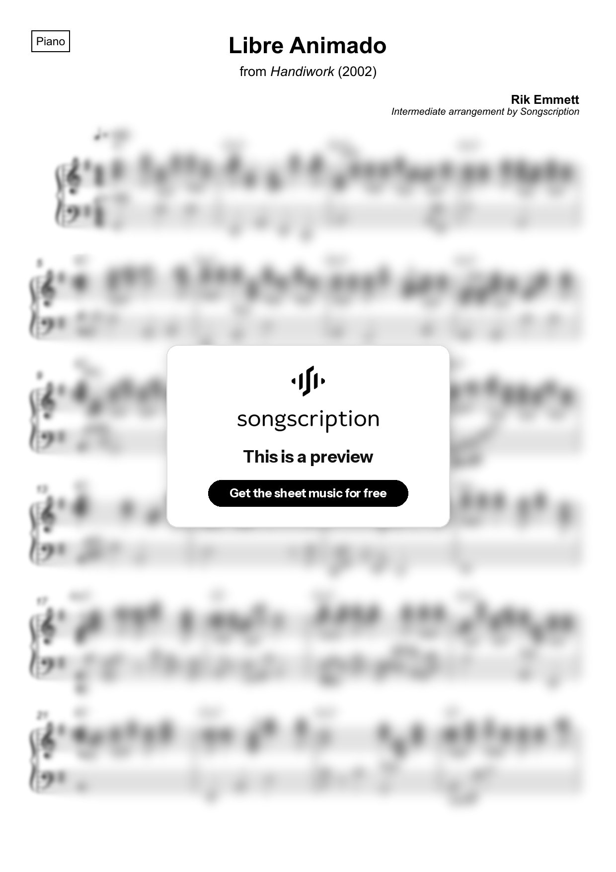 Intermediate Piano Sheet Music for "Libre Animado" by Rik Emmett