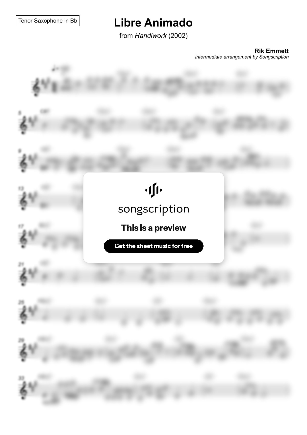 Intermediate Tenor Sax Sheet Music for "Libre Animado" by Rik Emmett