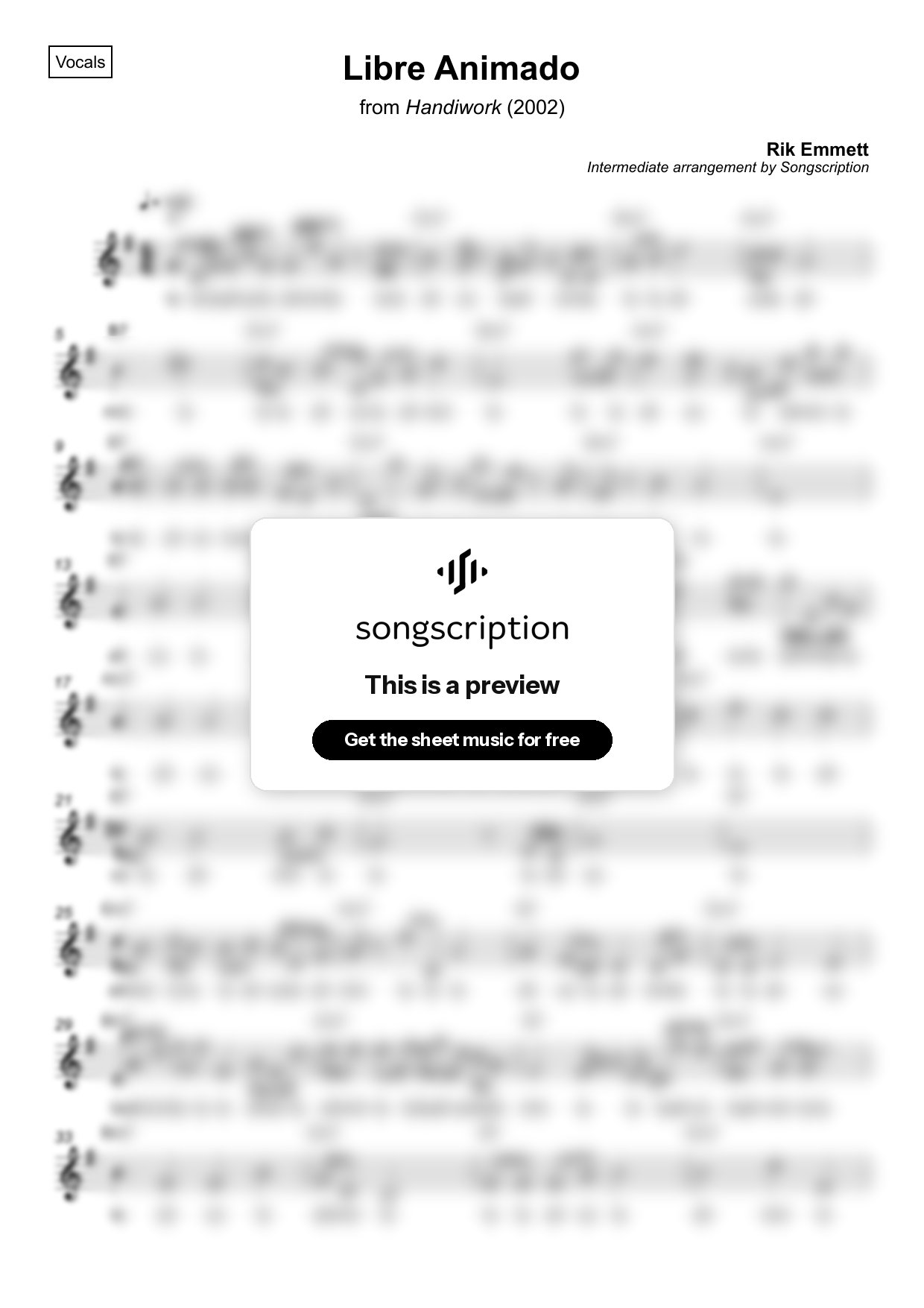 Intermediate Vocals Sheet Music for "Libre Animado" by Rik Emmett