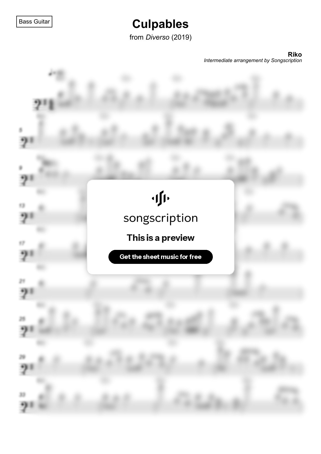 Intermediate Bass Guitar Sheet Music for "Culpables" by Riko