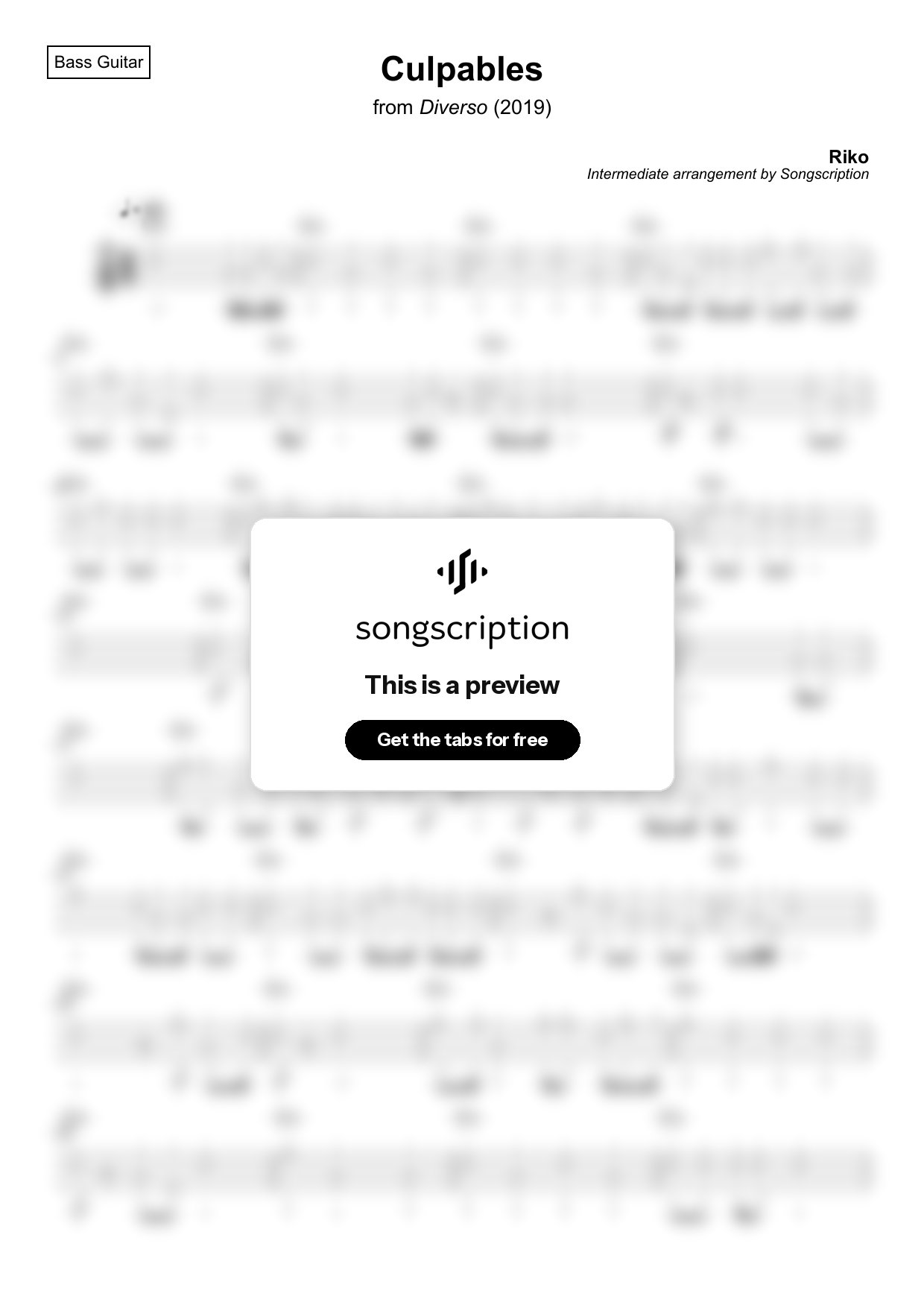 Intermediate Bass Guitar Tabs for "Culpables" by Riko