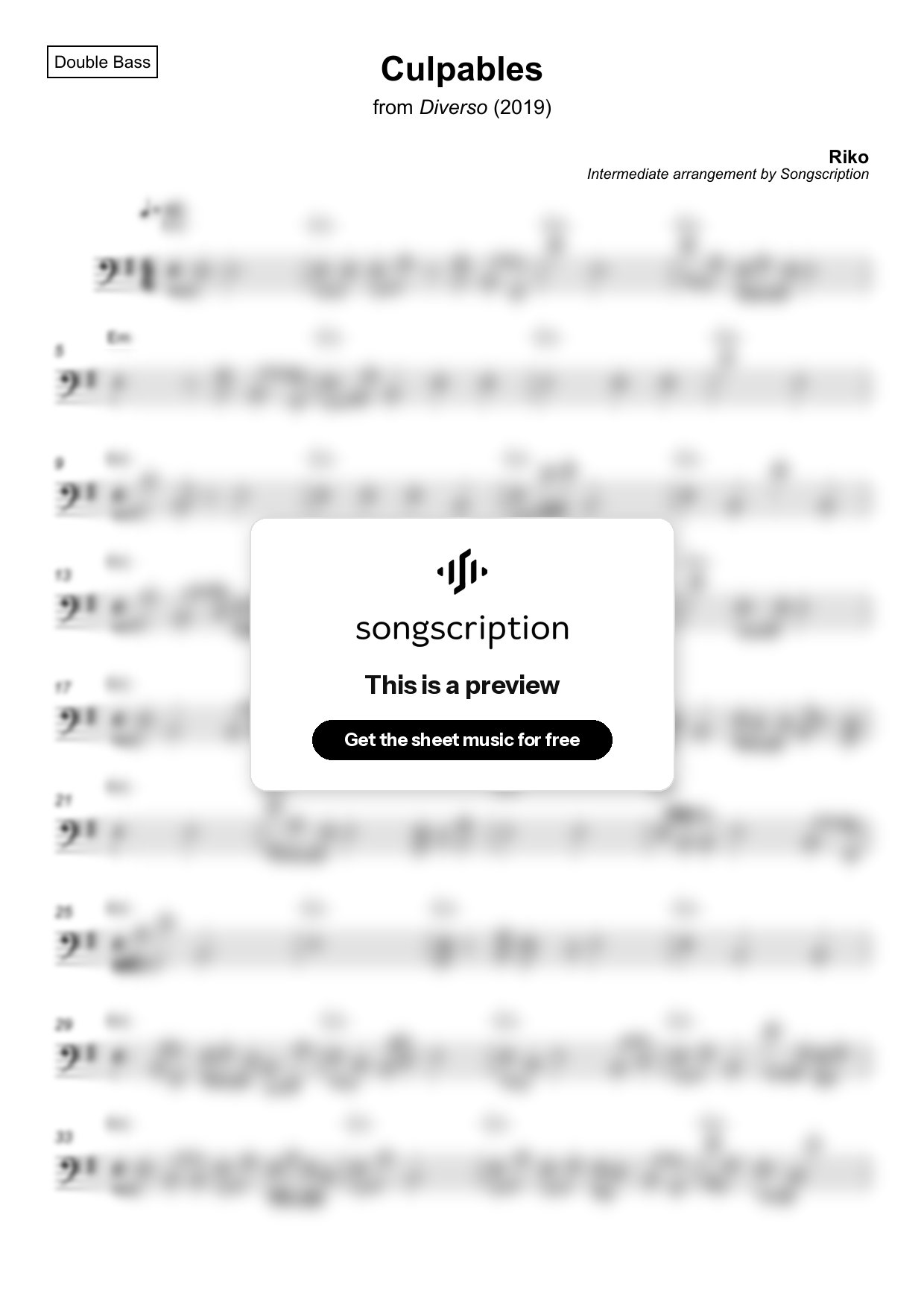 Intermediate Double Bass Sheet Music for "Culpables" by Riko
