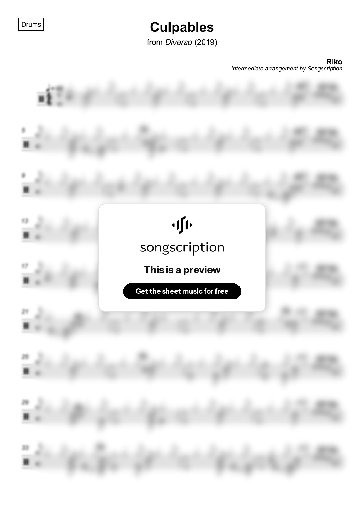 Intermediate Drums Sheet Music for "Culpables" by Riko