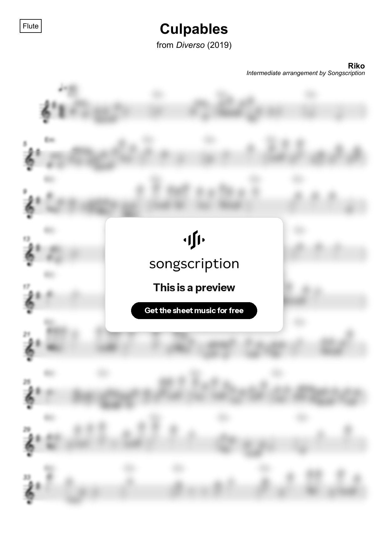 Intermediate Flute Sheet Music for "Culpables" by Riko