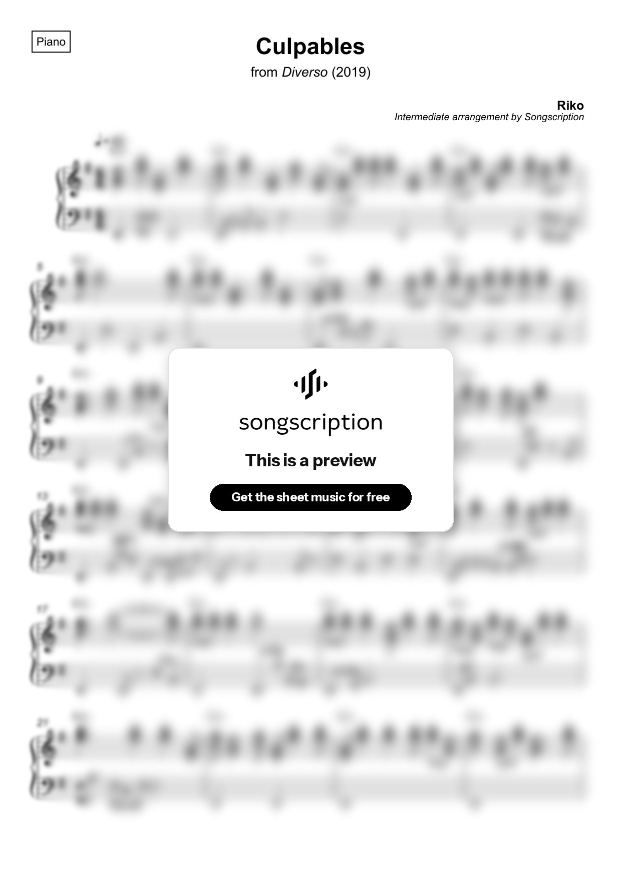 Intermediate Piano Sheet Music for "Culpables" by Riko