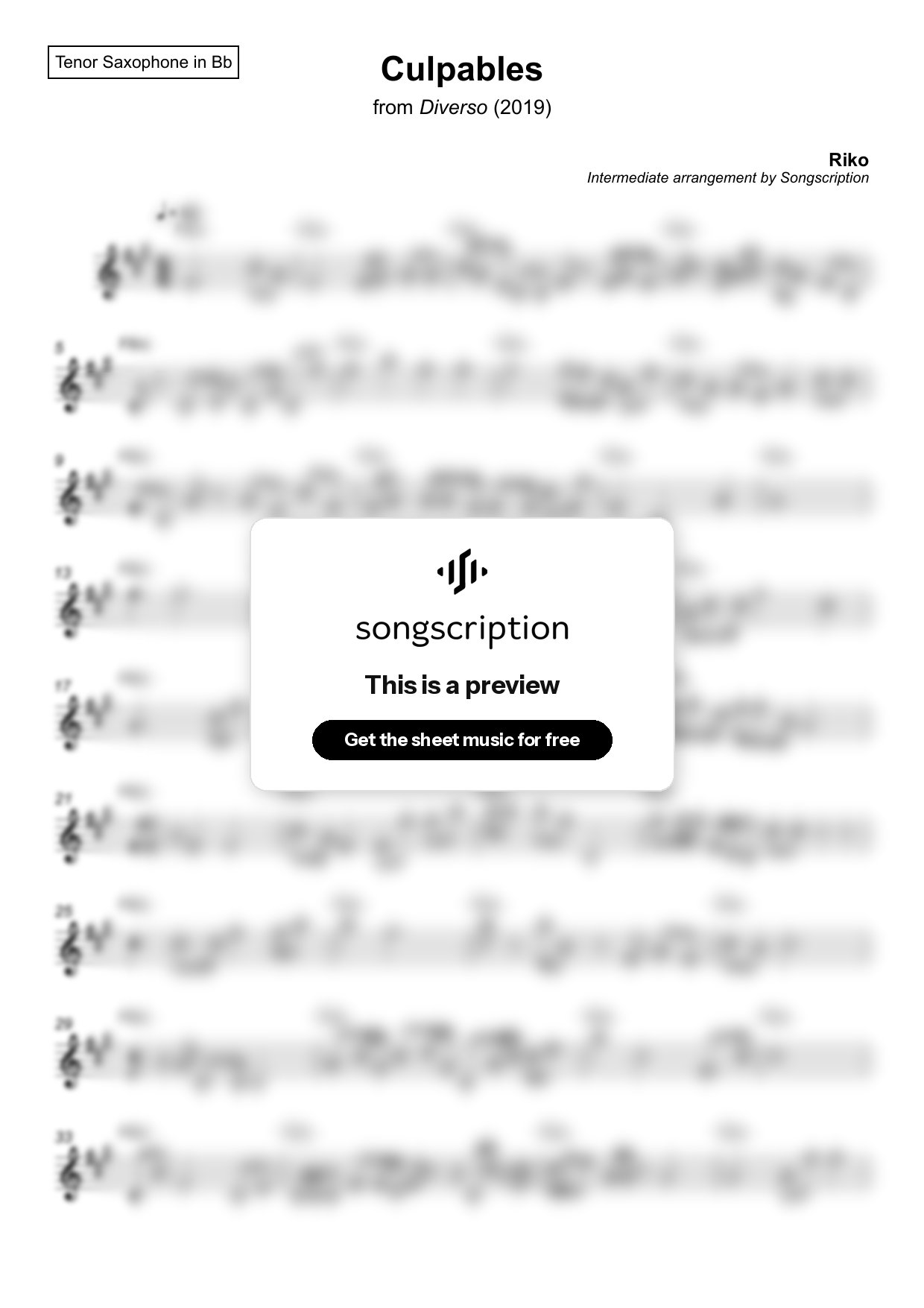 Intermediate Tenor Sax Sheet Music for "Culpables" by Riko