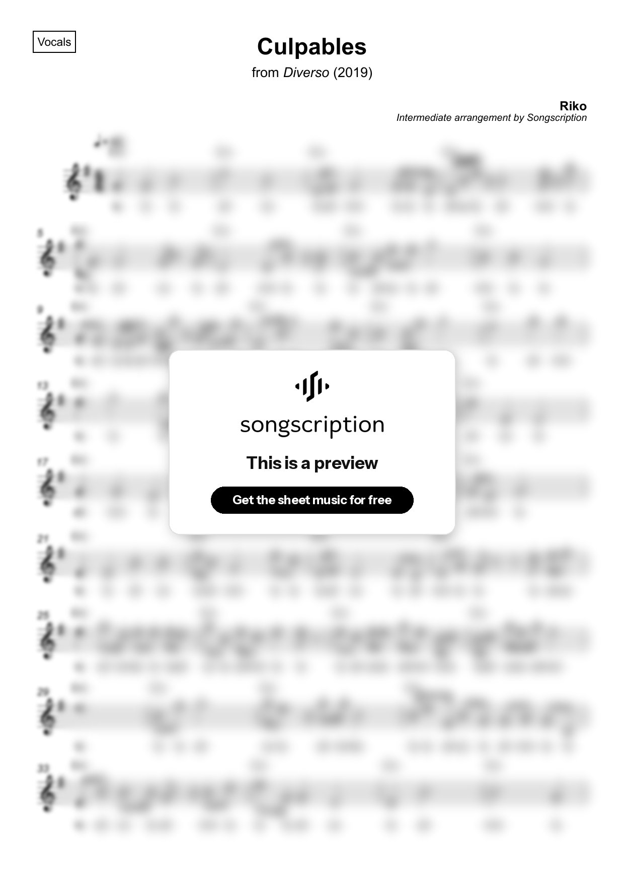 Intermediate Vocals Sheet Music for "Culpables" by Riko