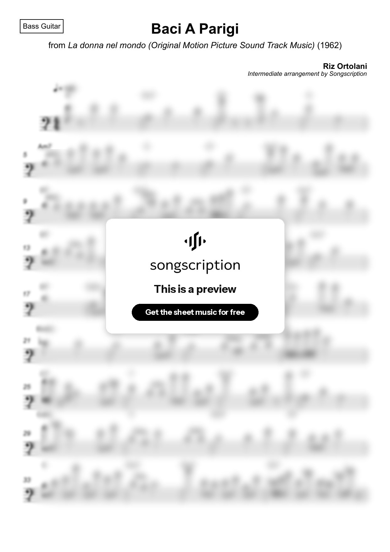 Intermediate Bass Guitar Sheet Music for "Baci A Parigi" by Riz Ortolani