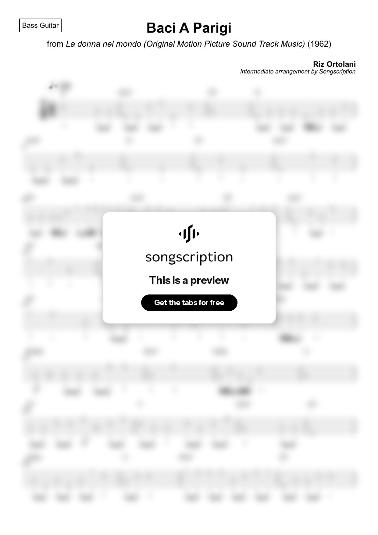 Intermediate Bass Guitar Tabs for "Baci A Parigi" by Riz Ortolani