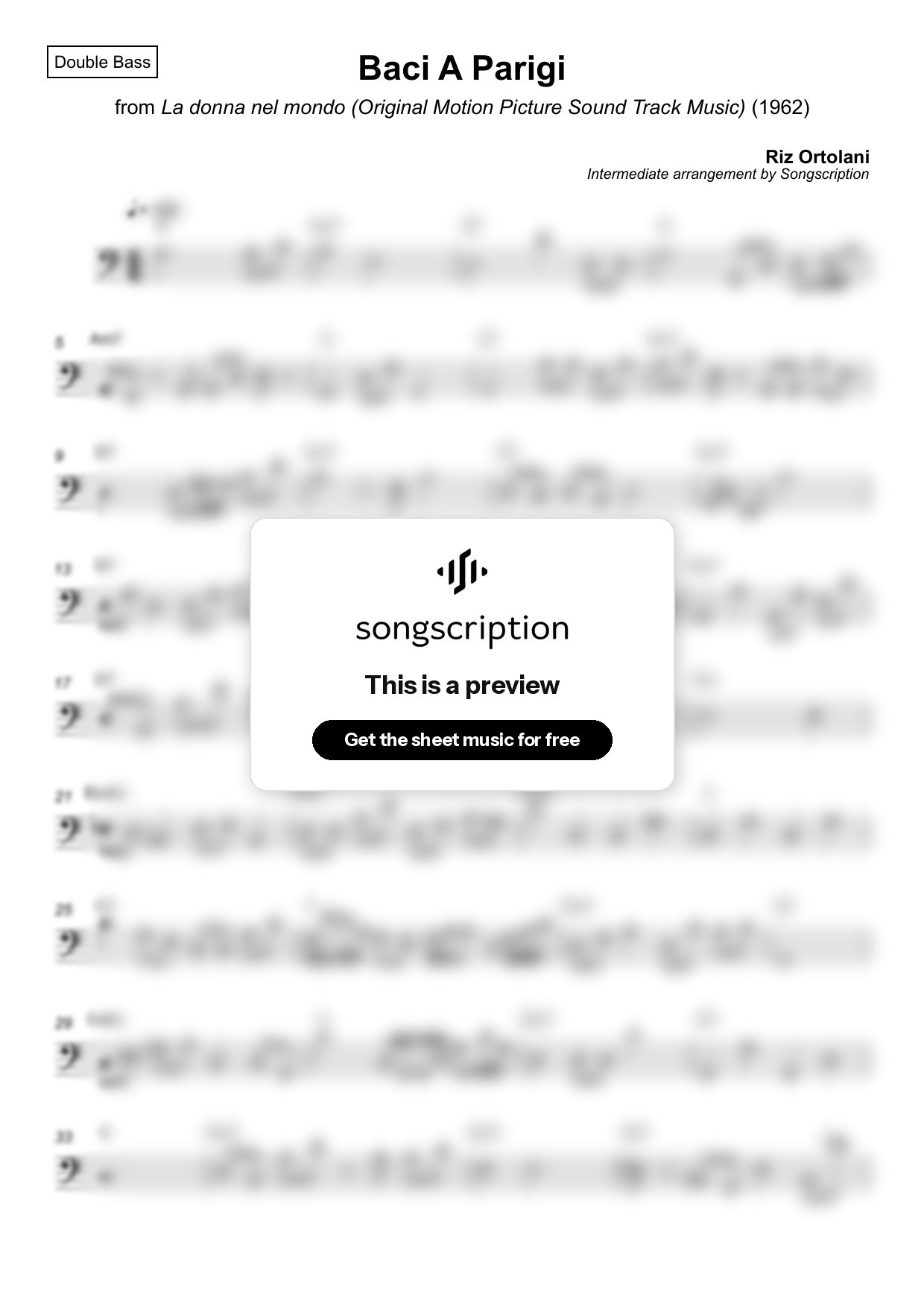 Intermediate Double Bass Sheet Music for "Baci A Parigi" by Riz Ortolani