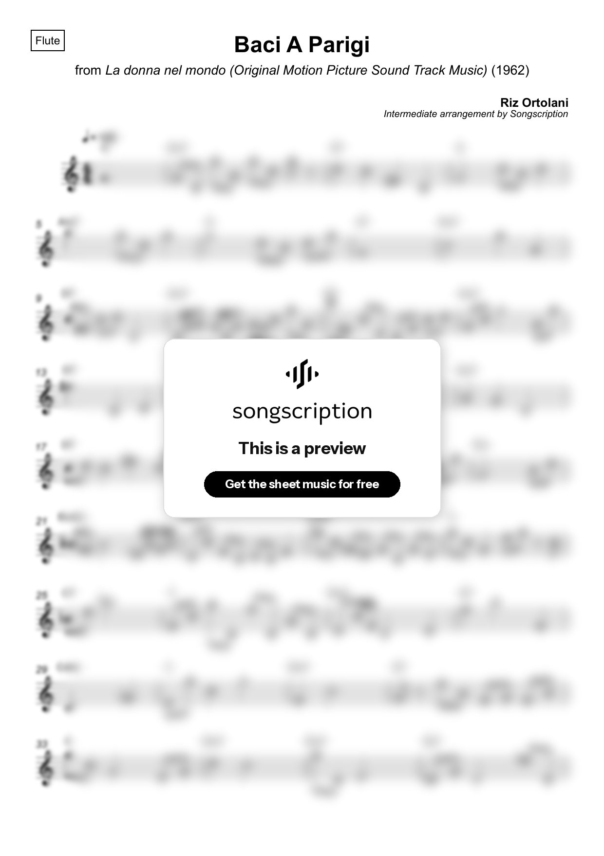 Intermediate Flute Sheet Music for "Baci A Parigi" by Riz Ortolani