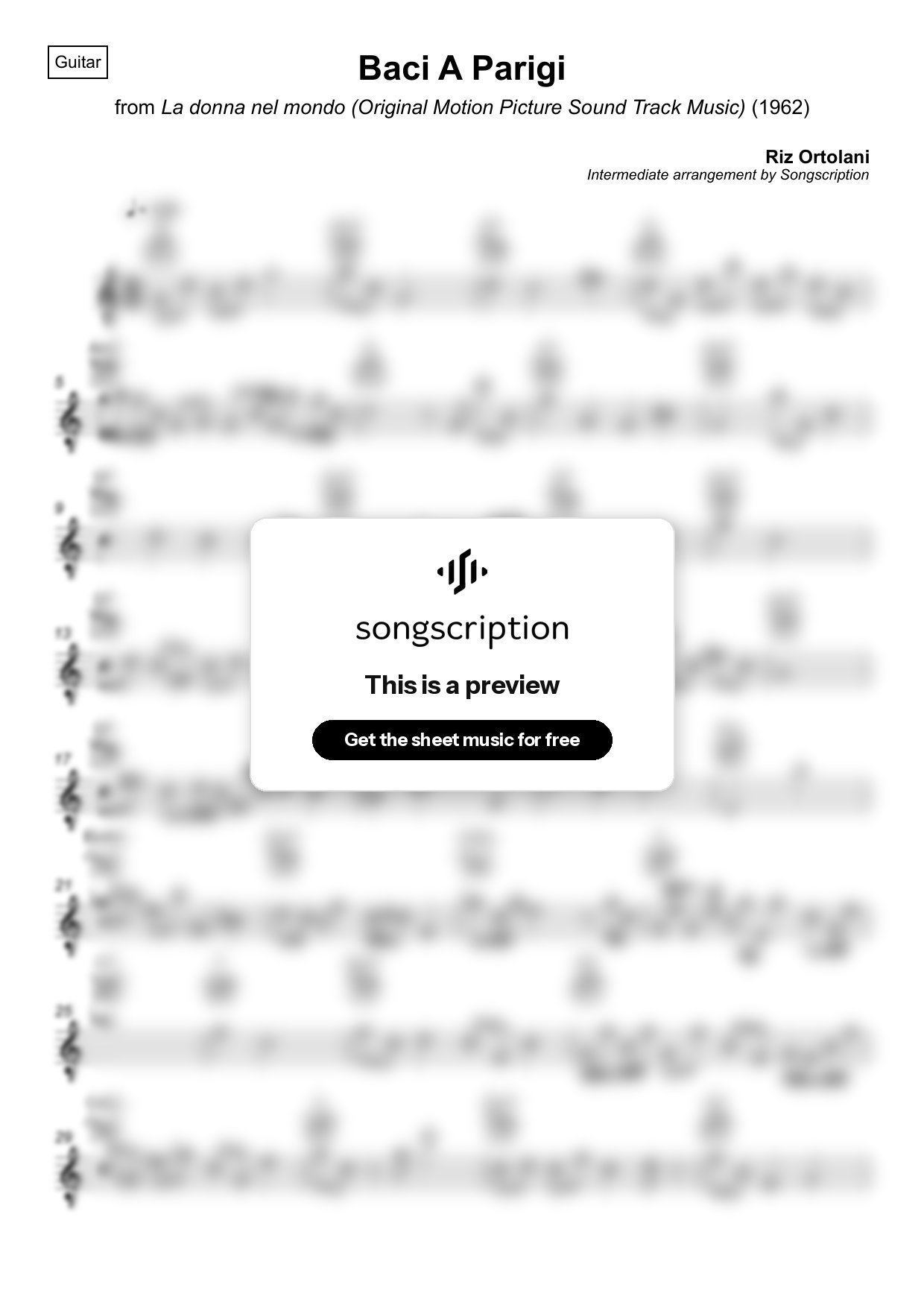 Intermediate Acoustic Guitar Sheet Music for "Baci A Parigi" by Riz Ortolani