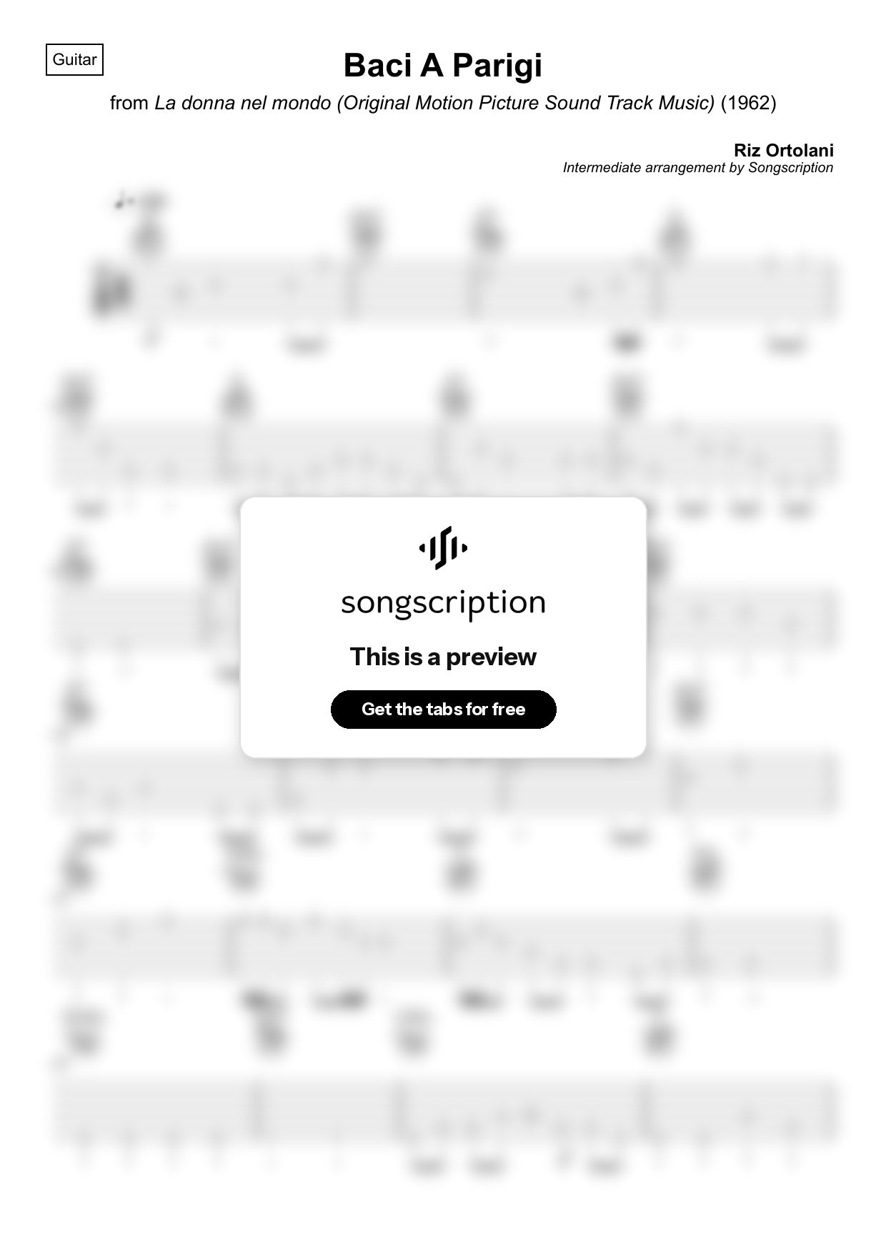 Intermediate Acoustic Guitar Tabs for "Baci A Parigi" by Riz Ortolani