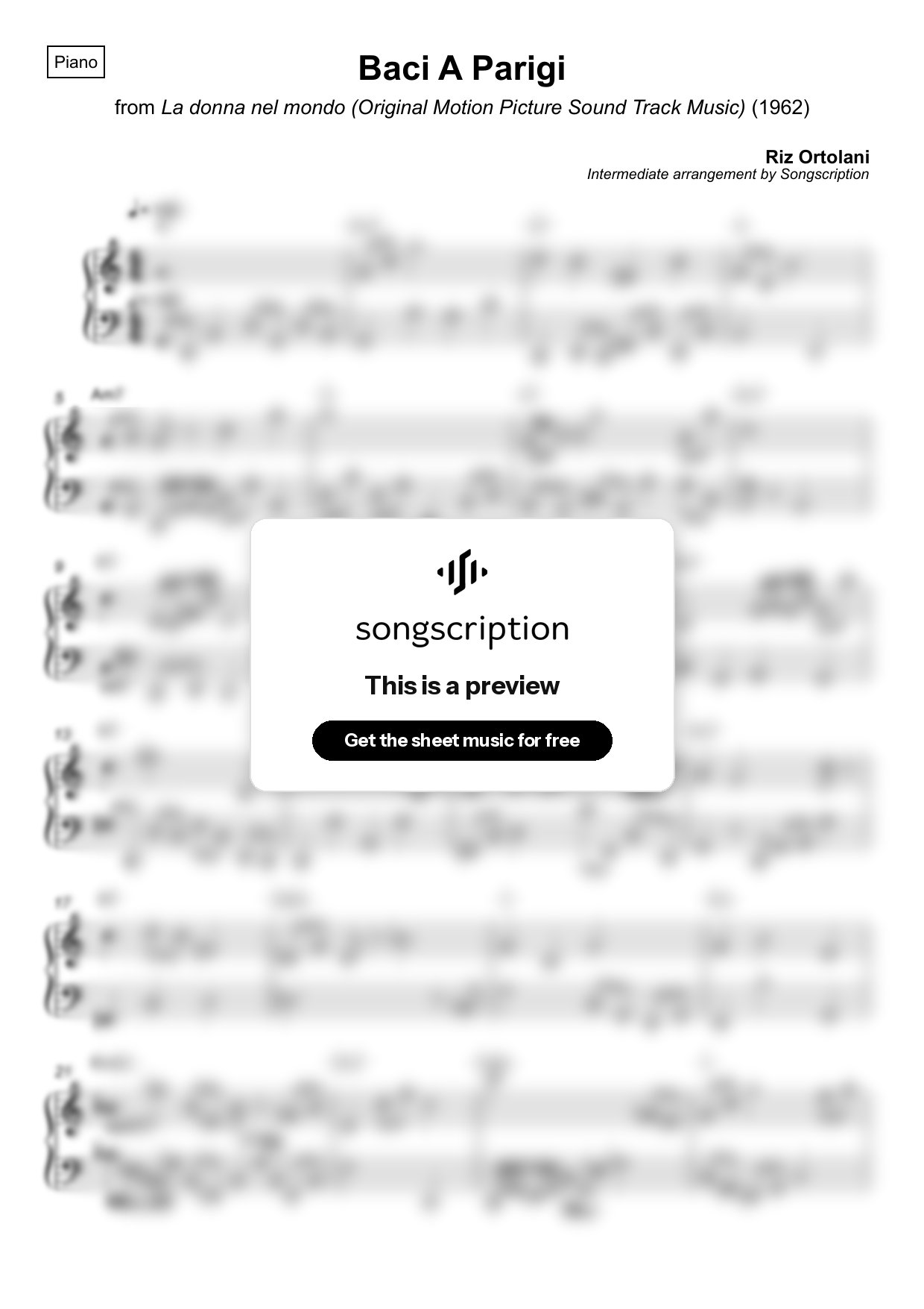 Intermediate Piano Sheet Music for "Baci A Parigi" by Riz Ortolani