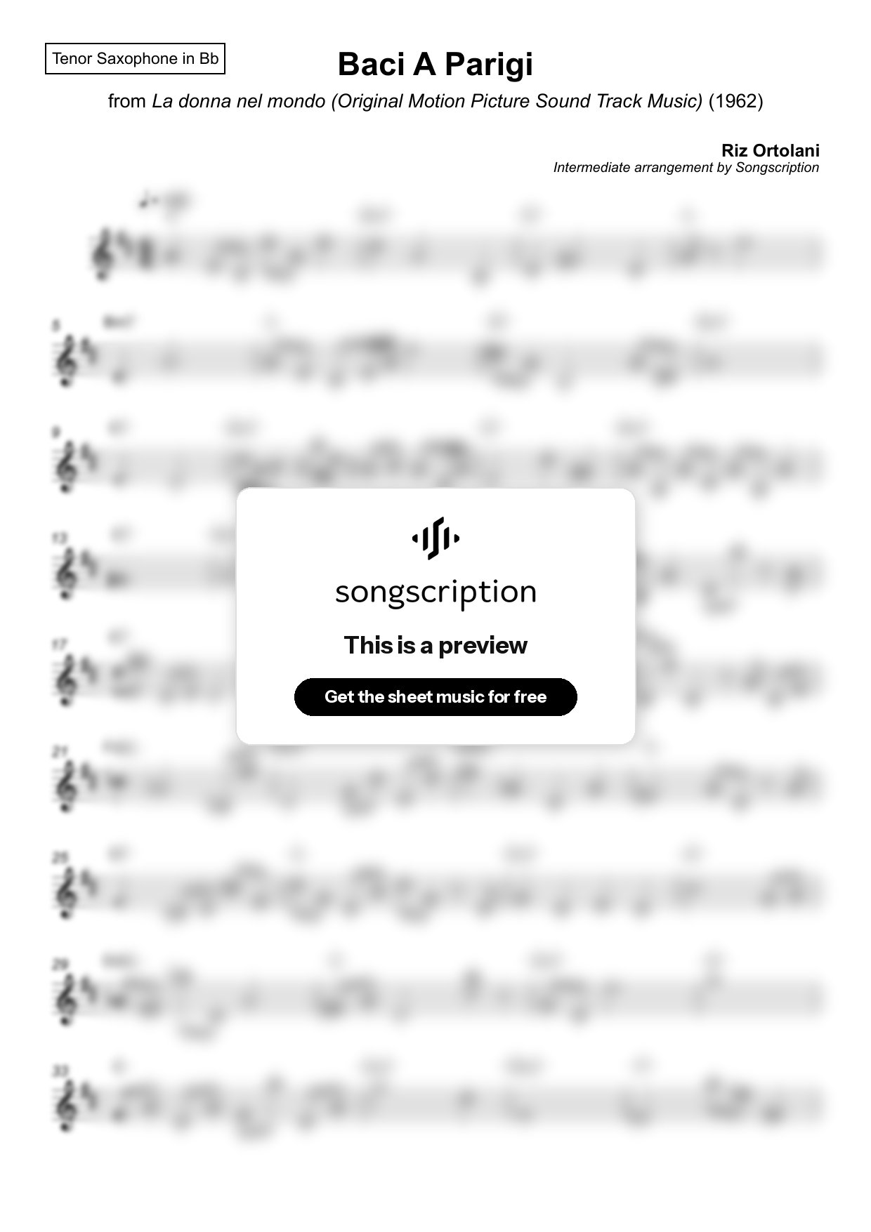 Intermediate Tenor Sax Sheet Music for "Baci A Parigi" by Riz Ortolani