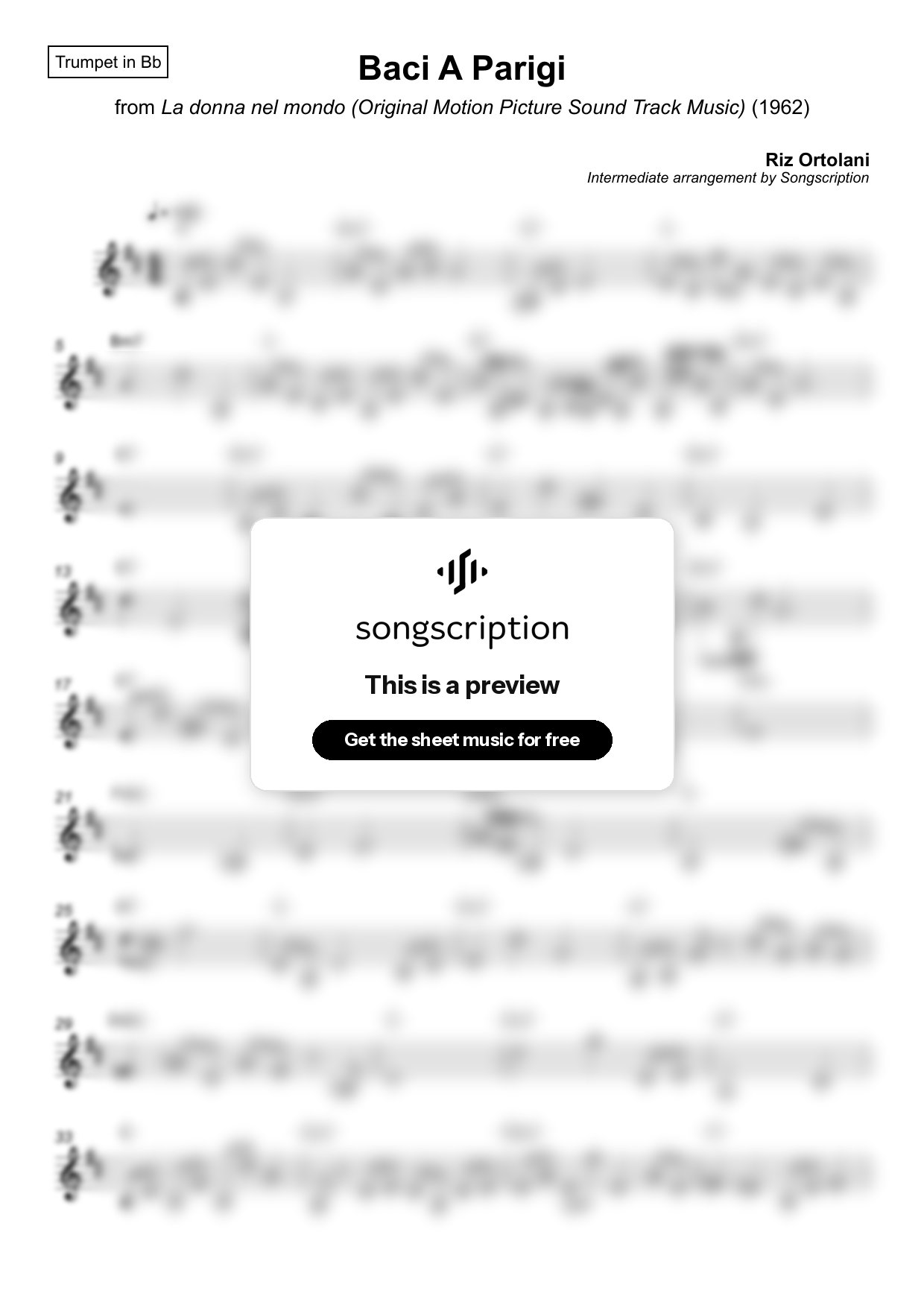 Intermediate Trumpet Sheet Music for "Baci A Parigi" by Riz Ortolani