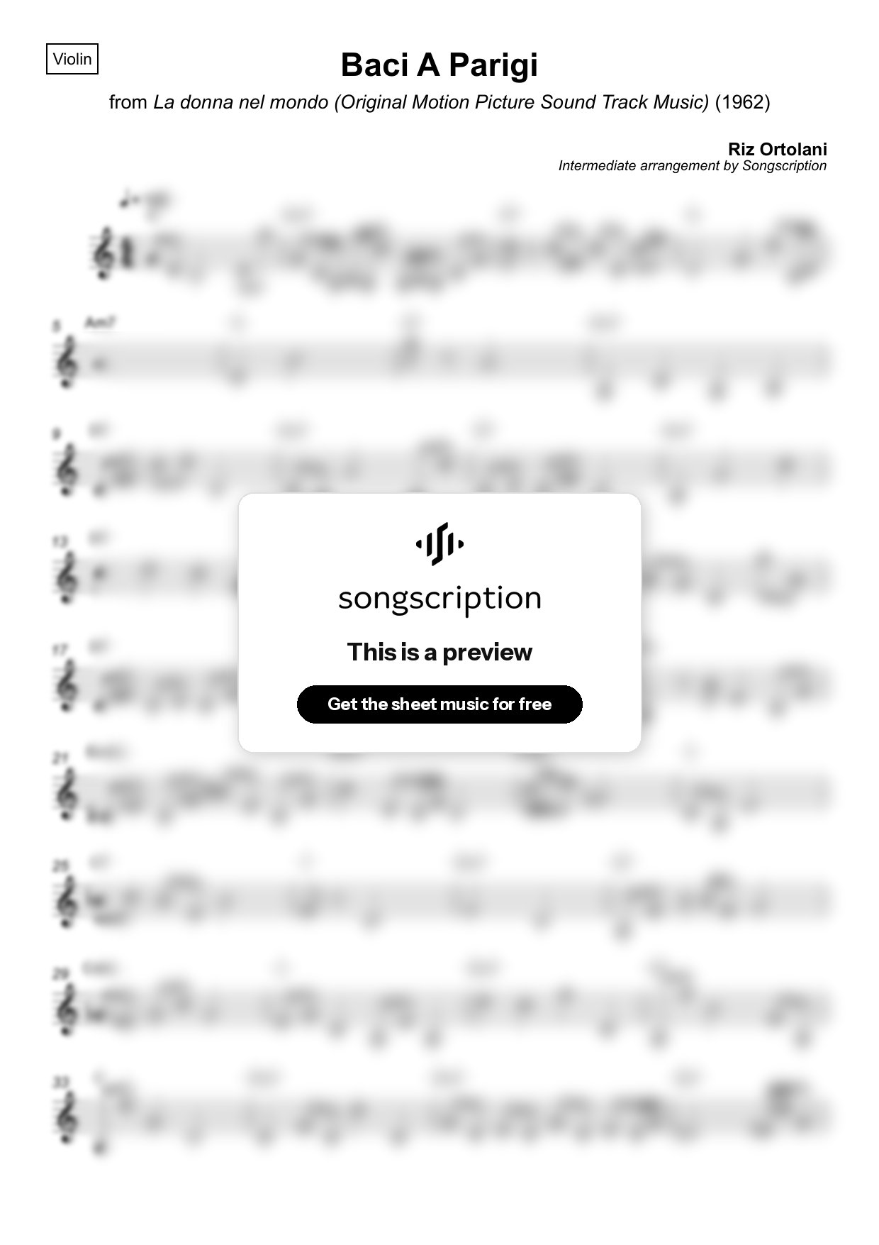 Intermediate Violin Sheet Music for "Baci A Parigi" by Riz Ortolani
