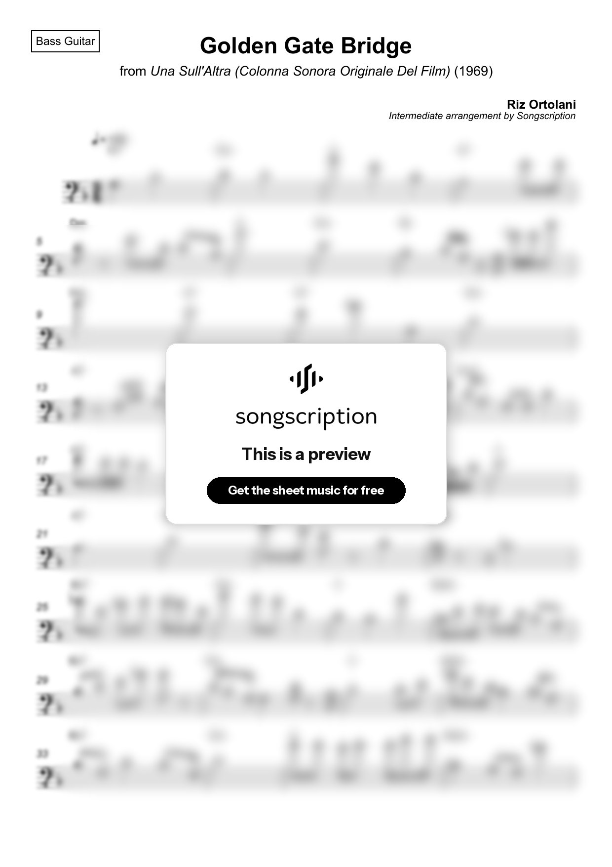 Intermediate Bass Guitar Sheet Music for "Golden Gate Bridge" by Riz Ortolani