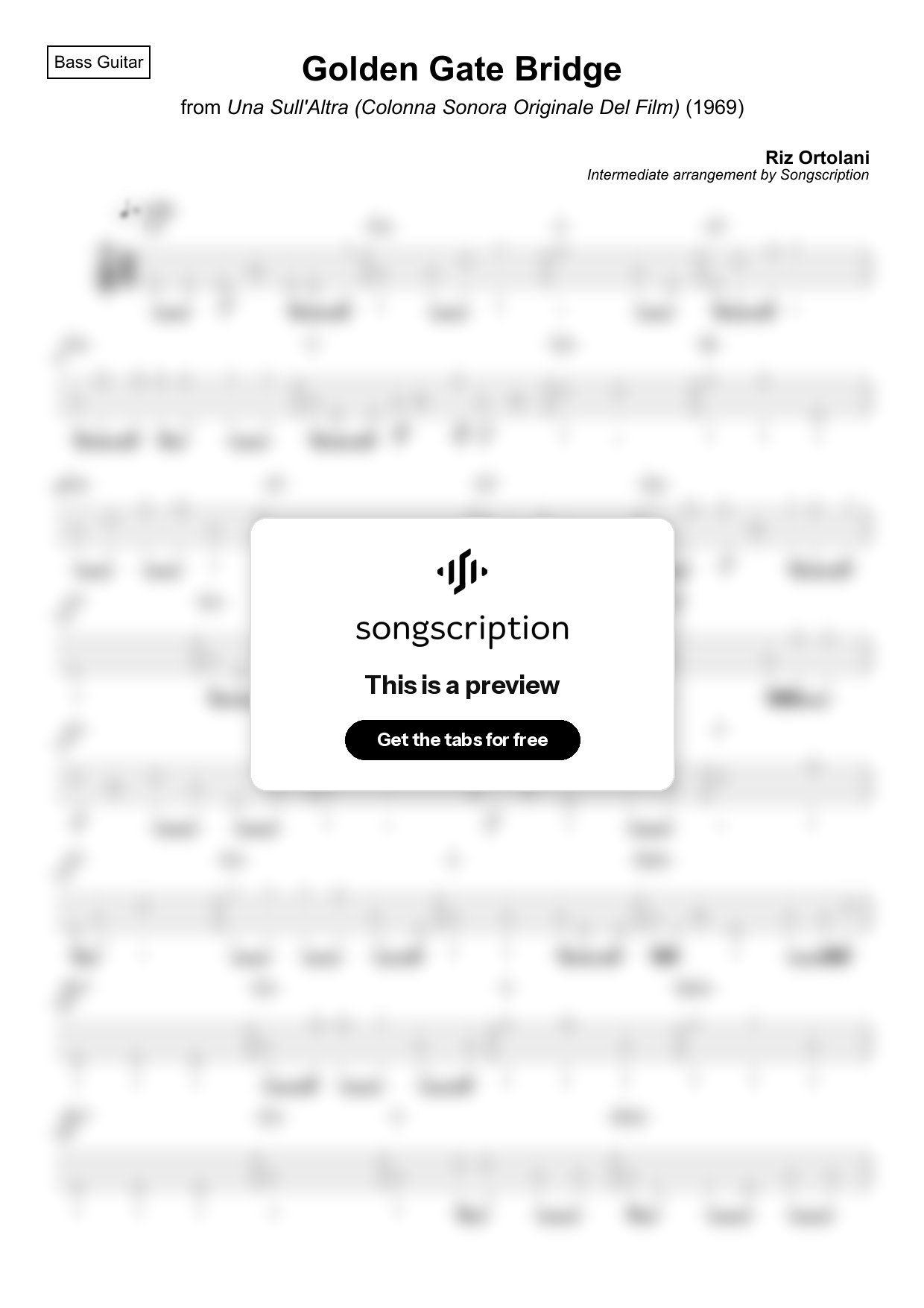 Intermediate Bass Guitar Tabs for "Golden Gate Bridge" by Riz Ortolani