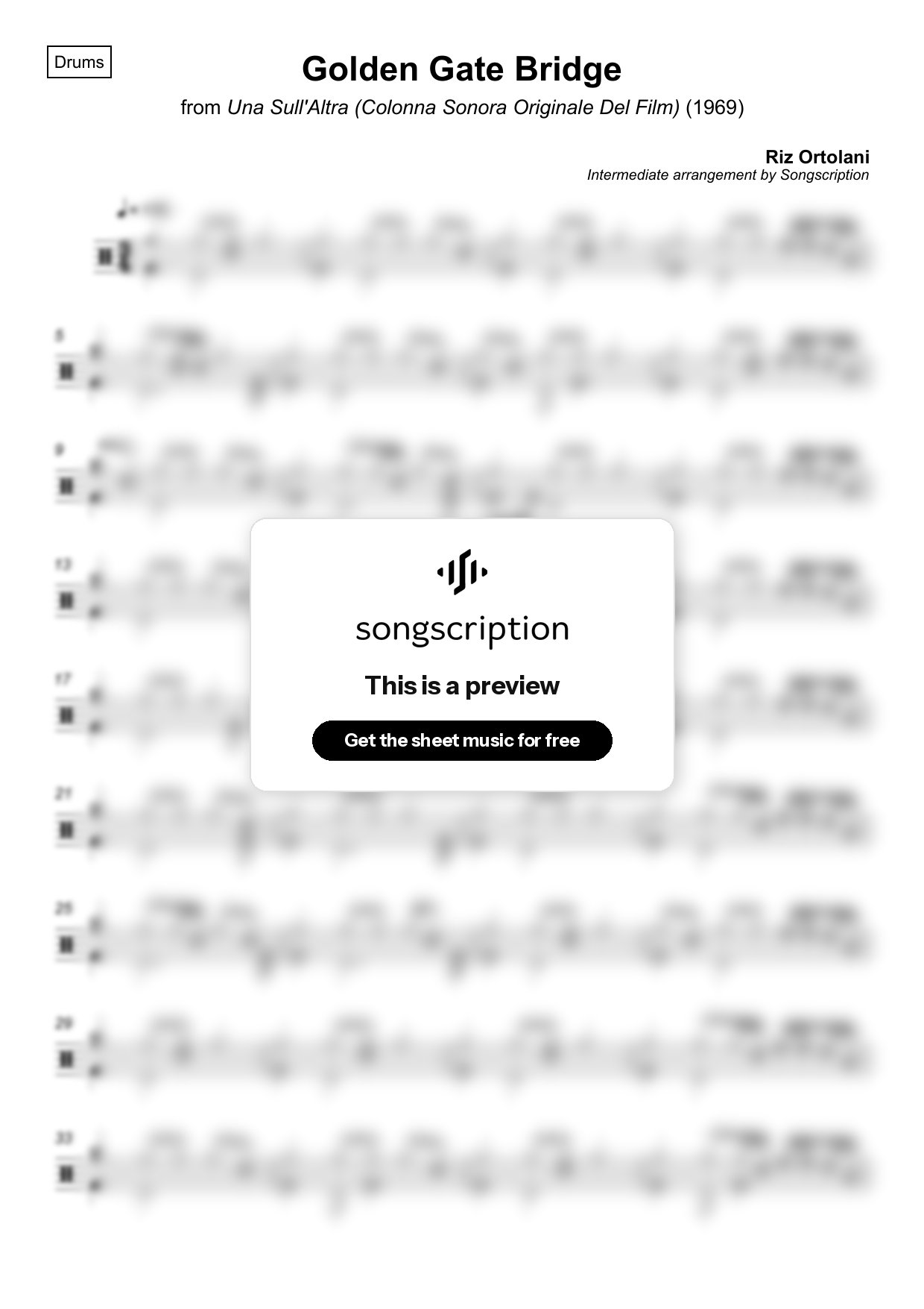 Intermediate Drums Sheet Music for "Golden Gate Bridge" by Riz Ortolani