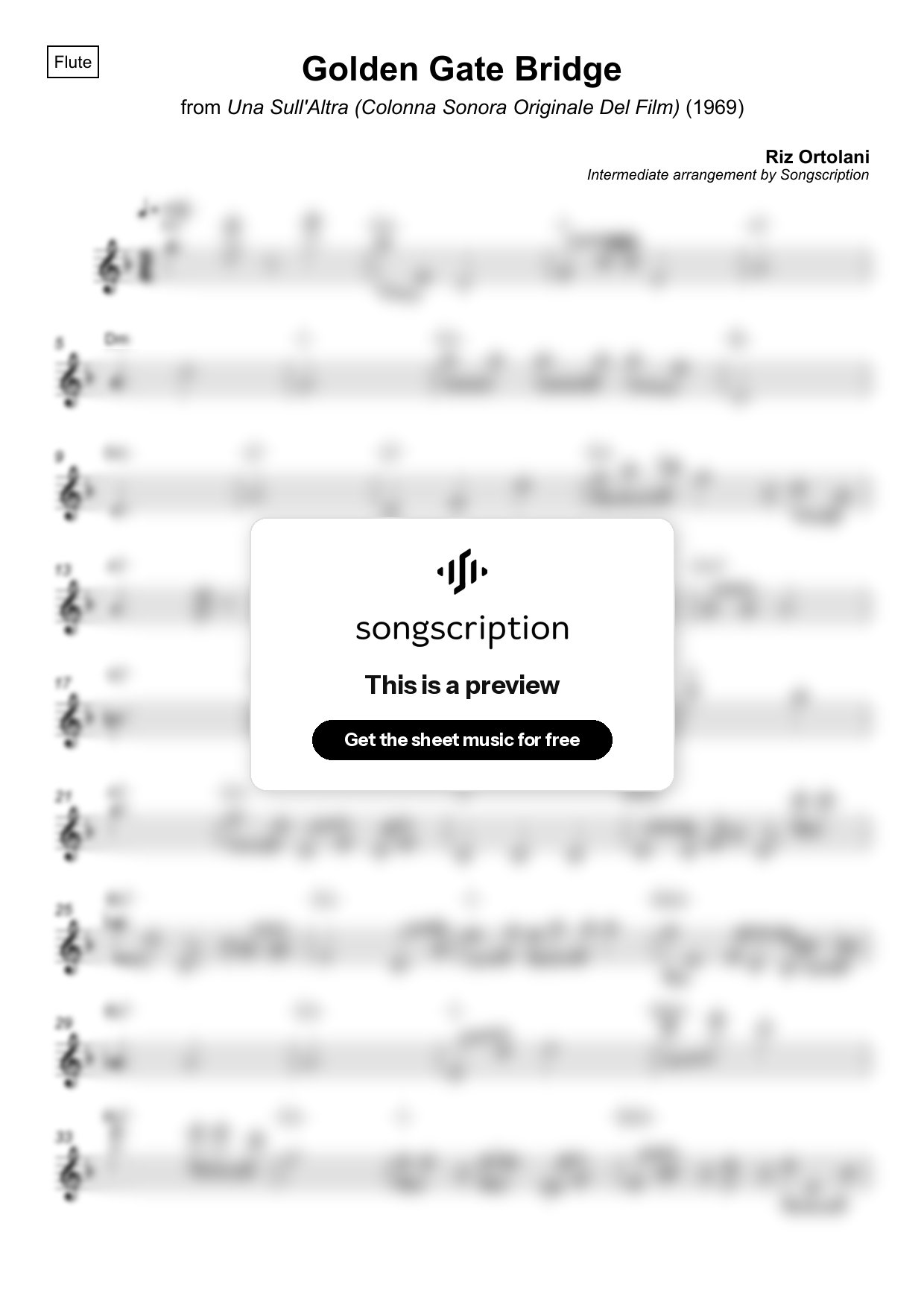 Intermediate Flute Sheet Music for "Golden Gate Bridge" by Riz Ortolani