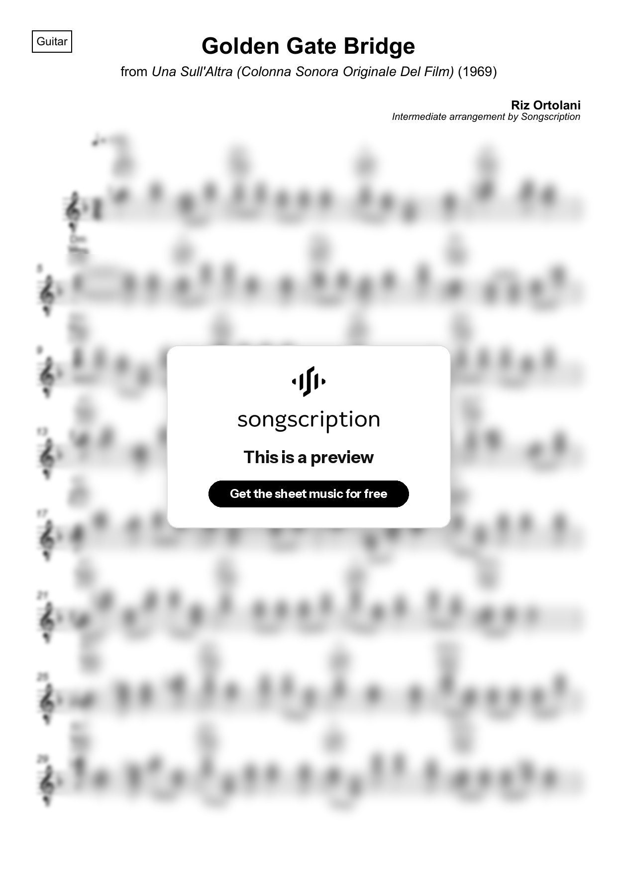 Intermediate Acoustic Guitar Sheet Music for "Golden Gate Bridge" by Riz Ortolani