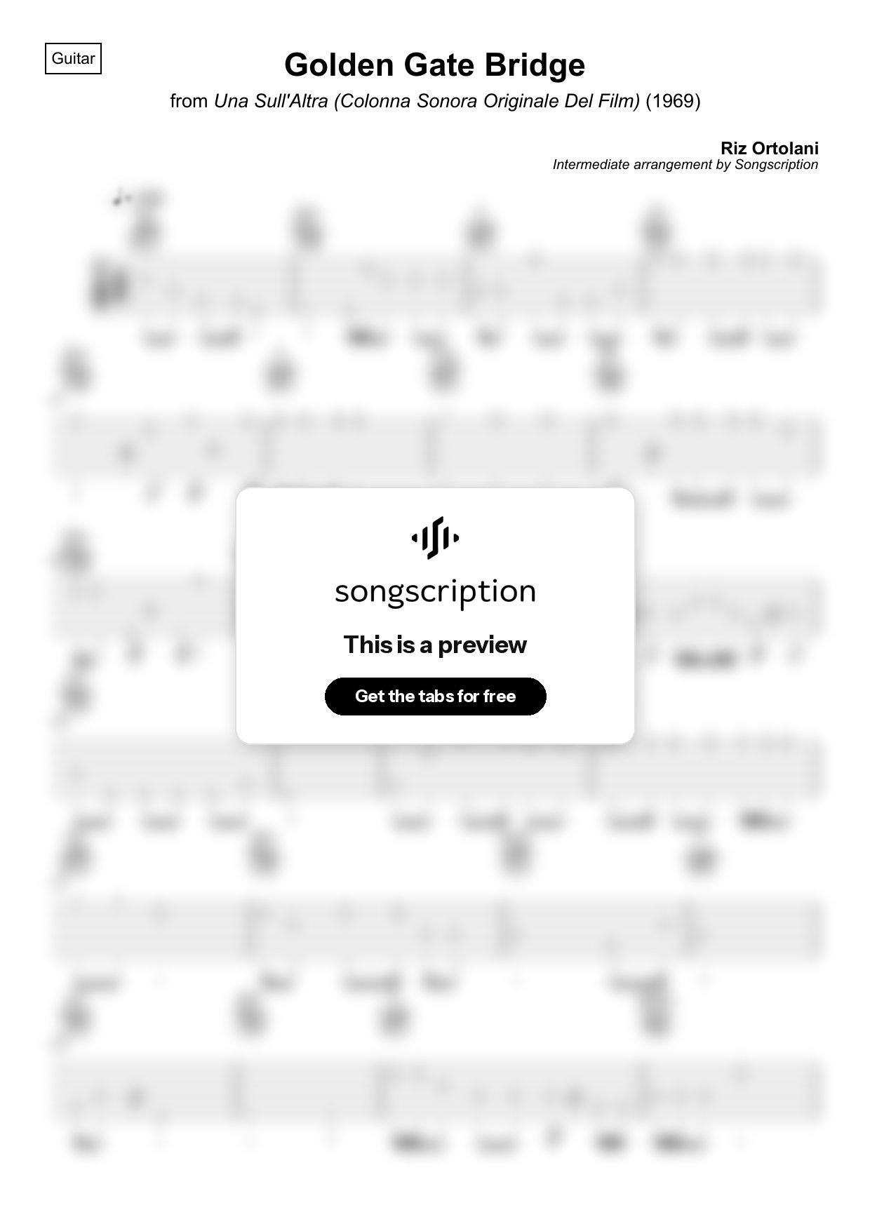 Intermediate Acoustic Guitar Tabs for "Golden Gate Bridge" by Riz Ortolani