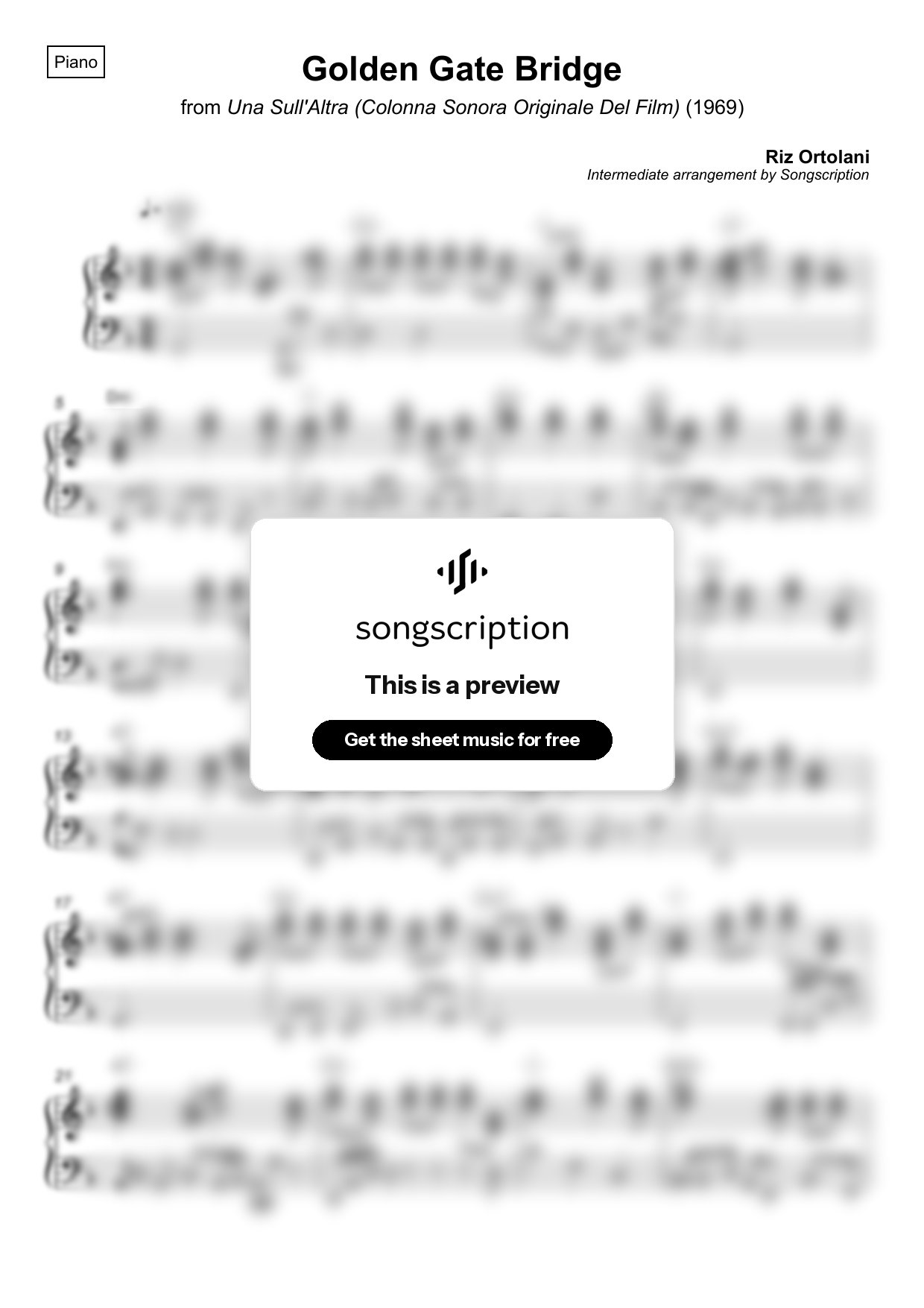 Intermediate Piano Sheet Music for "Golden Gate Bridge" by Riz Ortolani
