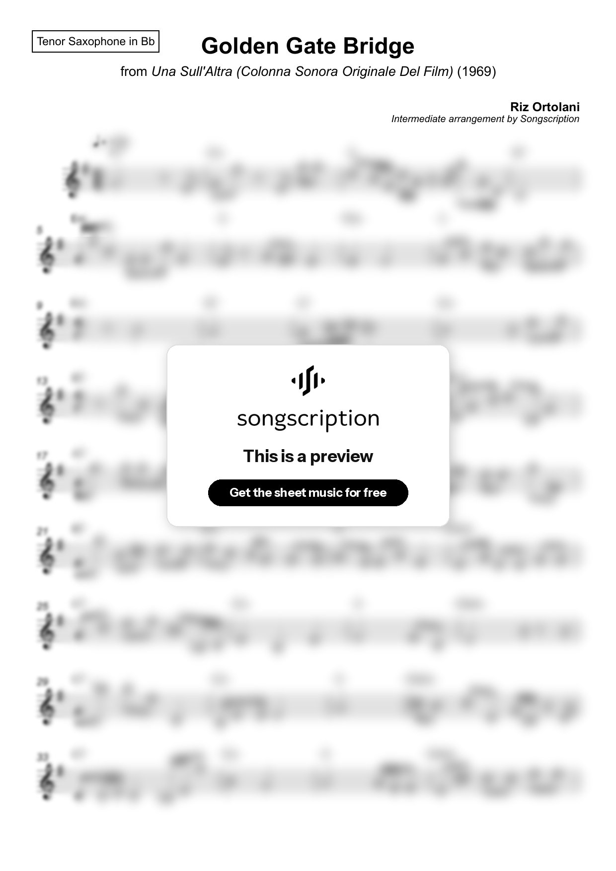 Intermediate Tenor Sax Sheet Music for "Golden Gate Bridge" by Riz Ortolani