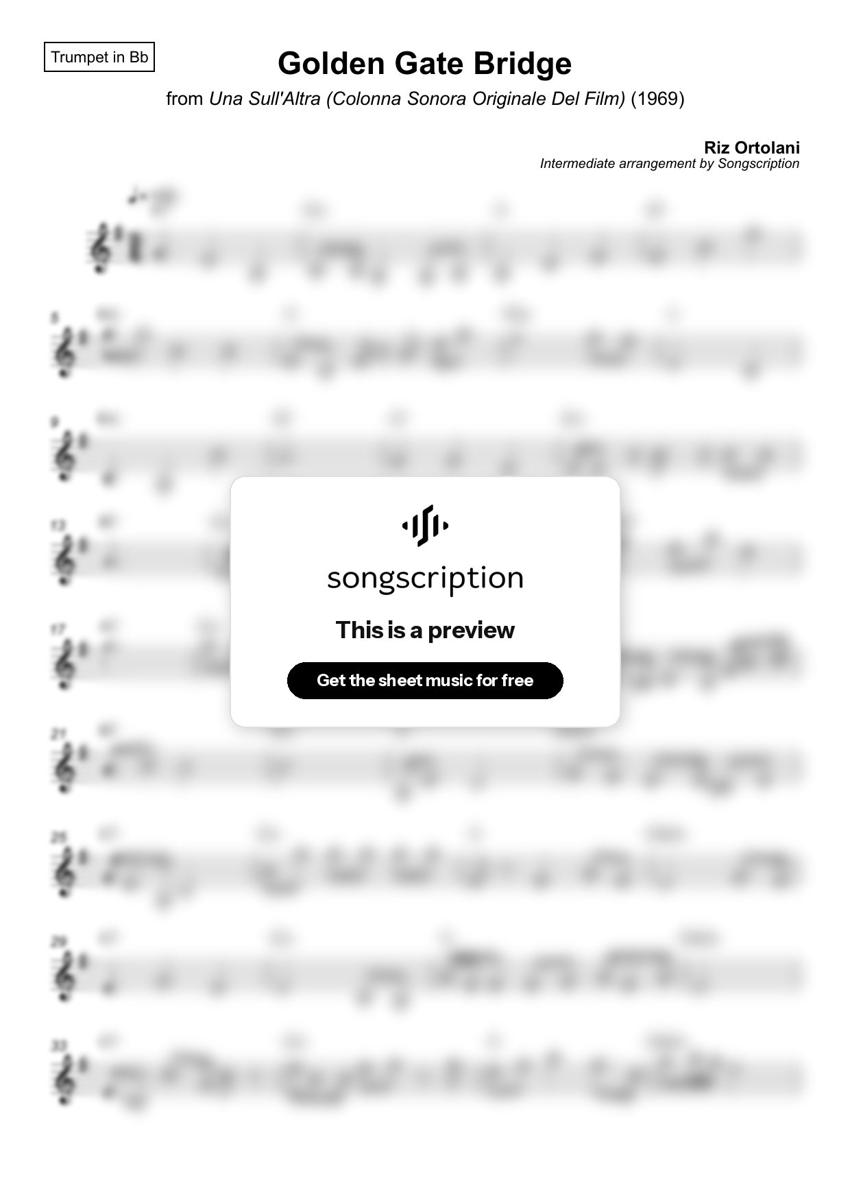 Intermediate Trumpet Sheet Music for "Golden Gate Bridge" by Riz Ortolani