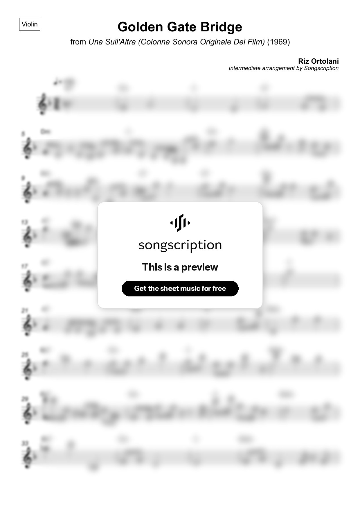 Intermediate Violin Sheet Music for "Golden Gate Bridge" by Riz Ortolani