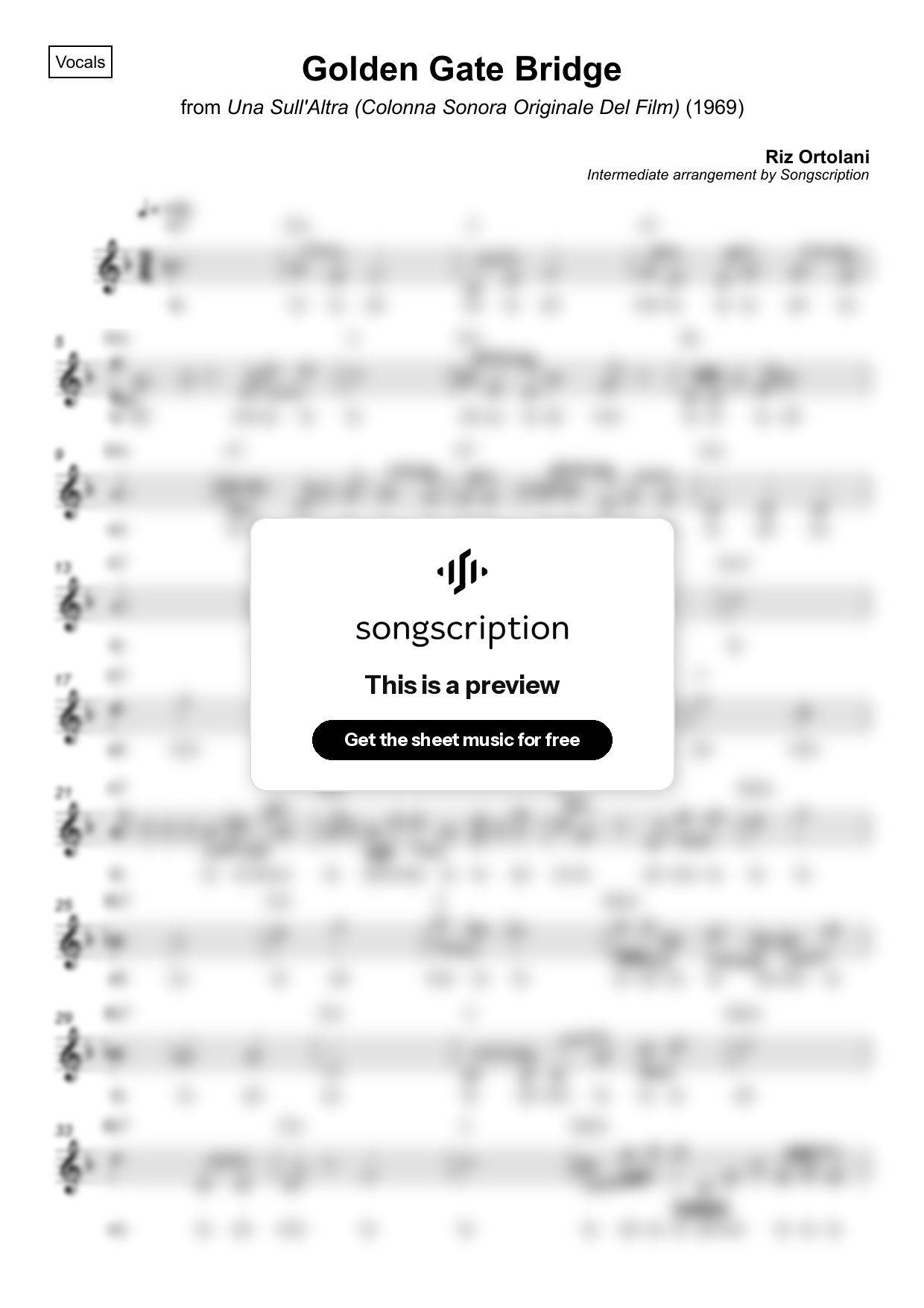 Intermediate Vocals Sheet Music for "Golden Gate Bridge" by Riz Ortolani
