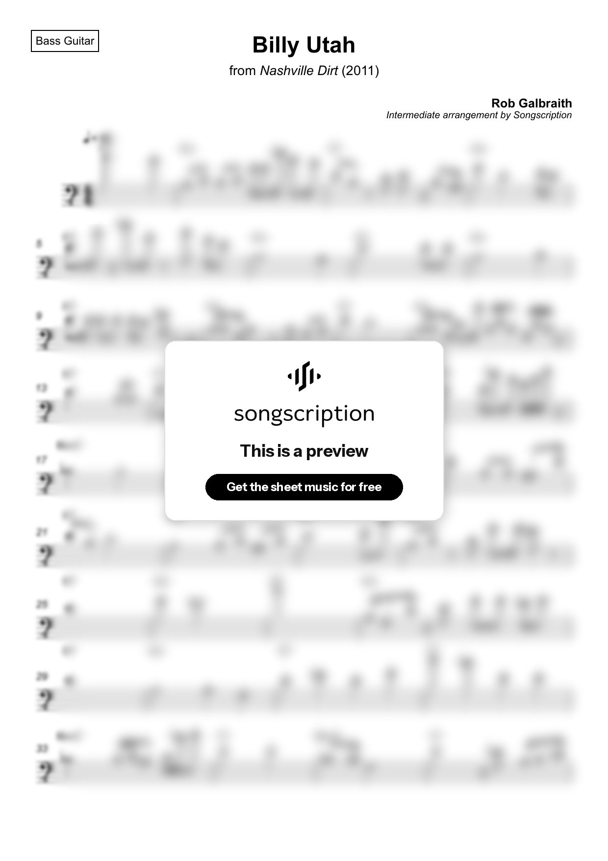 Intermediate Bass Guitar Sheet Music for "Billy Utah" by Rob Galbraith