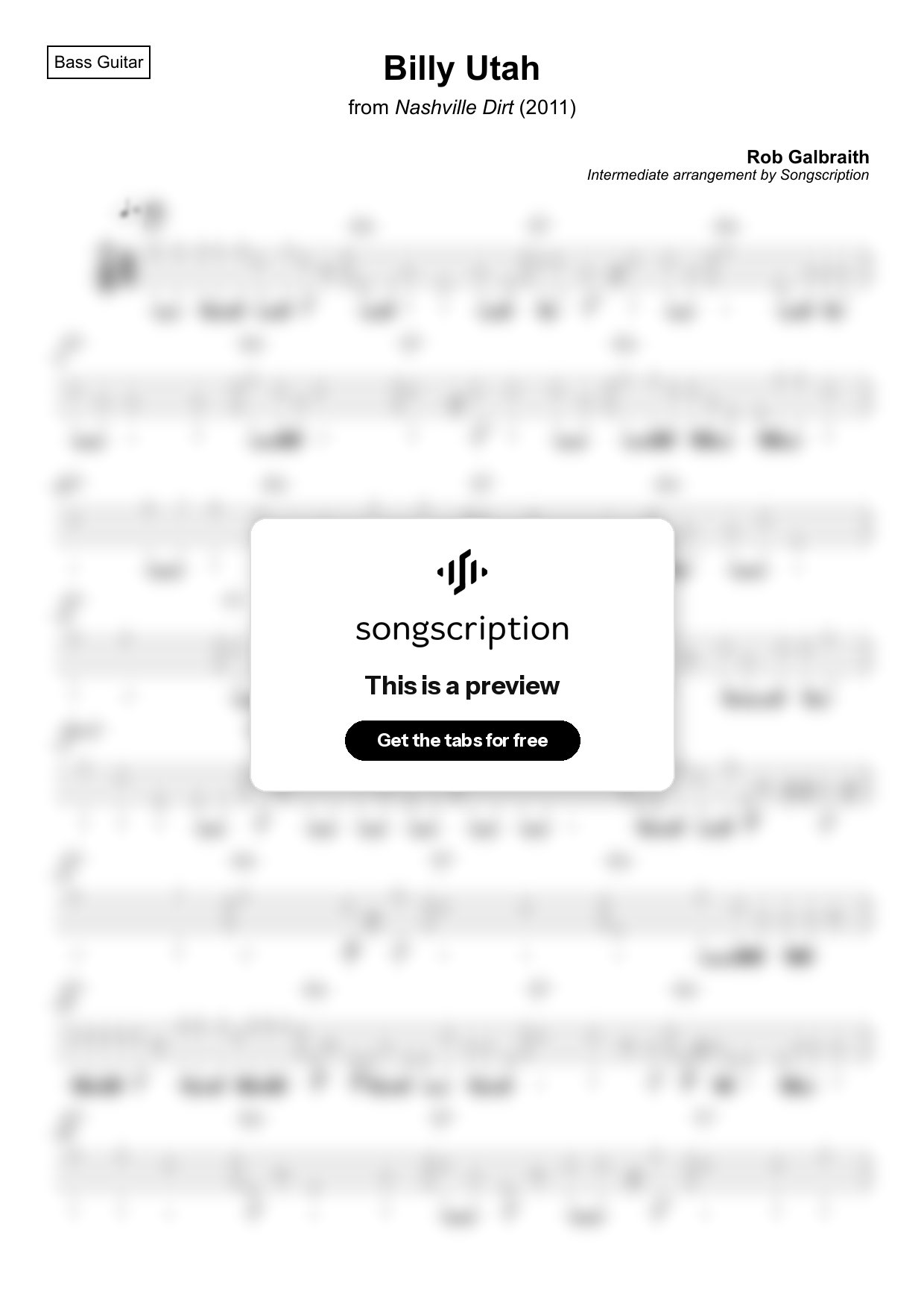Intermediate Bass Guitar Tabs for "Billy Utah" by Rob Galbraith