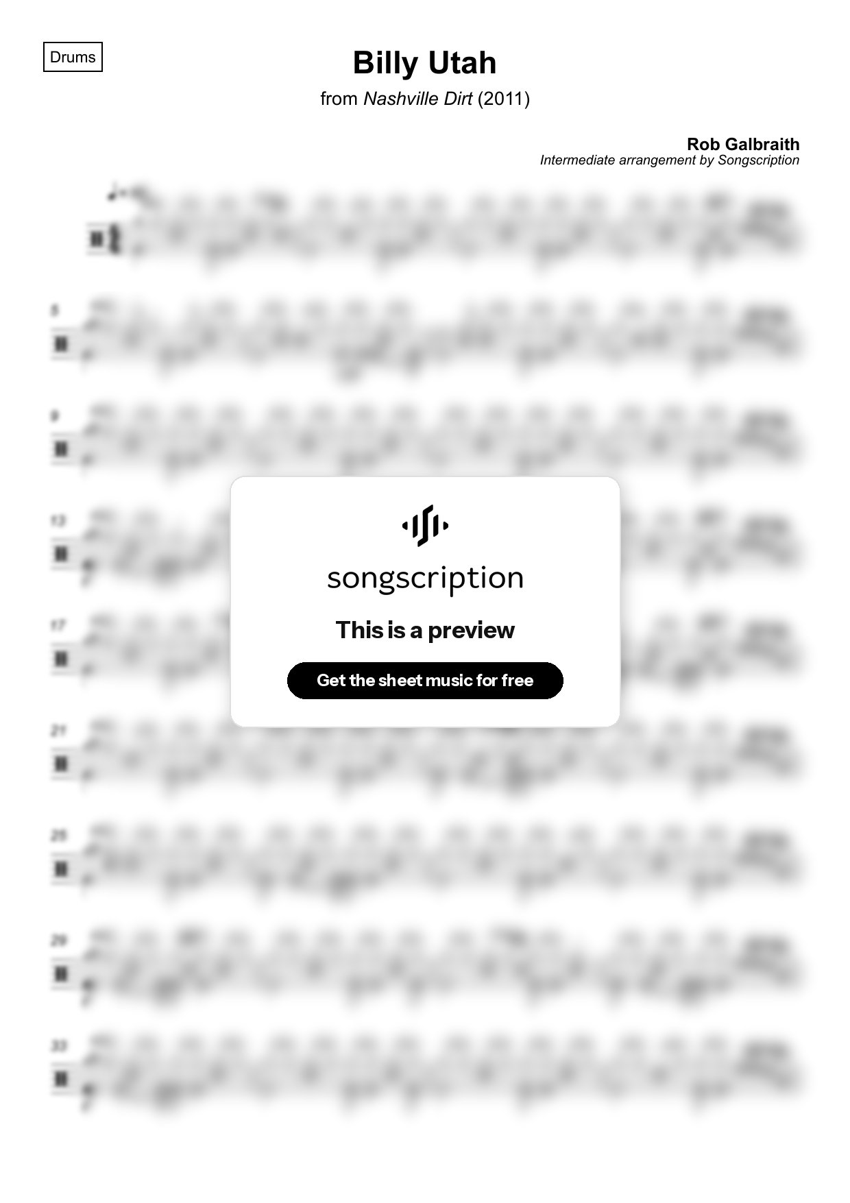 Intermediate Drums Sheet Music for "Billy Utah" by Rob Galbraith