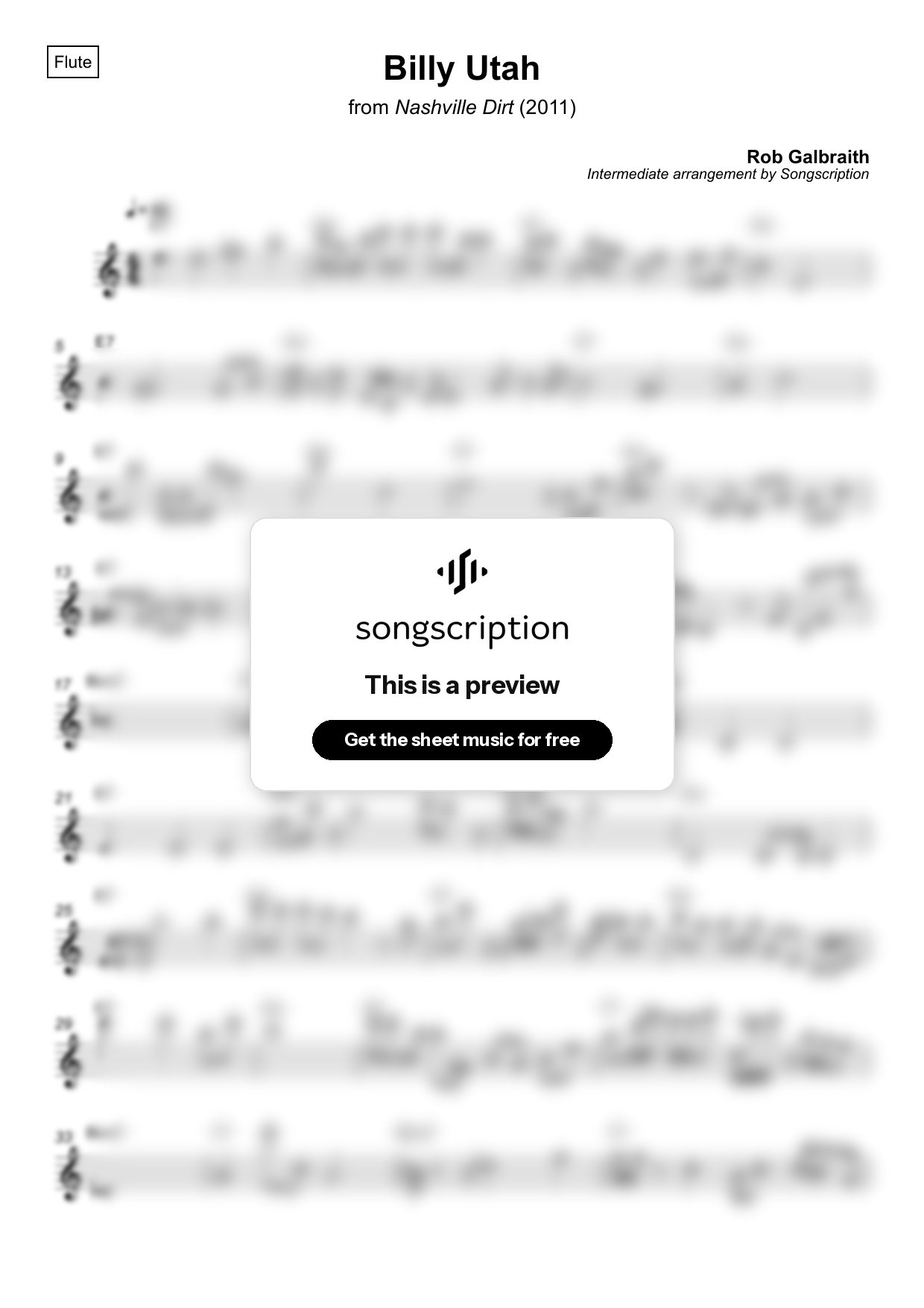 Intermediate Flute Sheet Music for "Billy Utah" by Rob Galbraith
