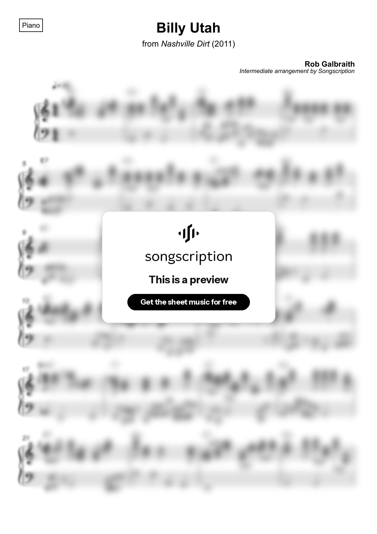 Intermediate Piano Sheet Music for "Billy Utah" by Rob Galbraith