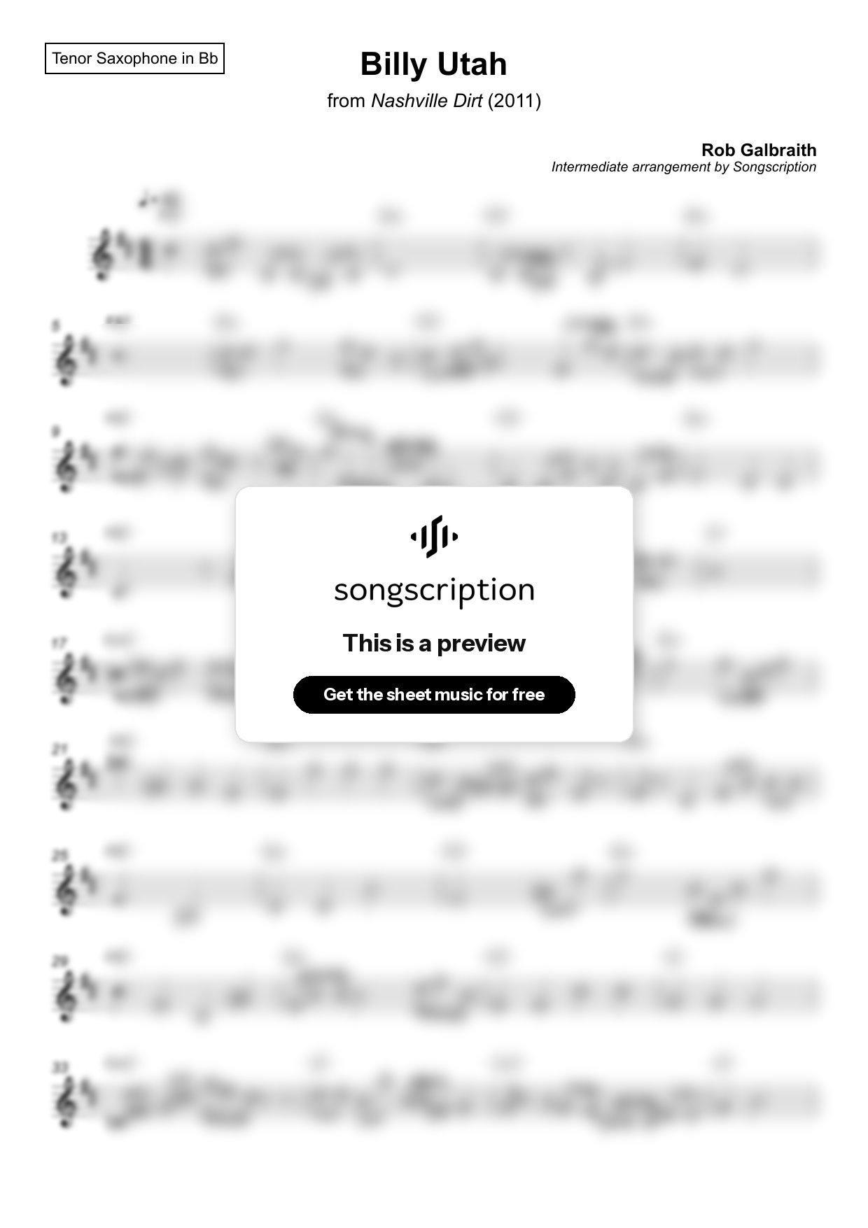 Intermediate Tenor Sax Sheet Music for "Billy Utah" by Rob Galbraith