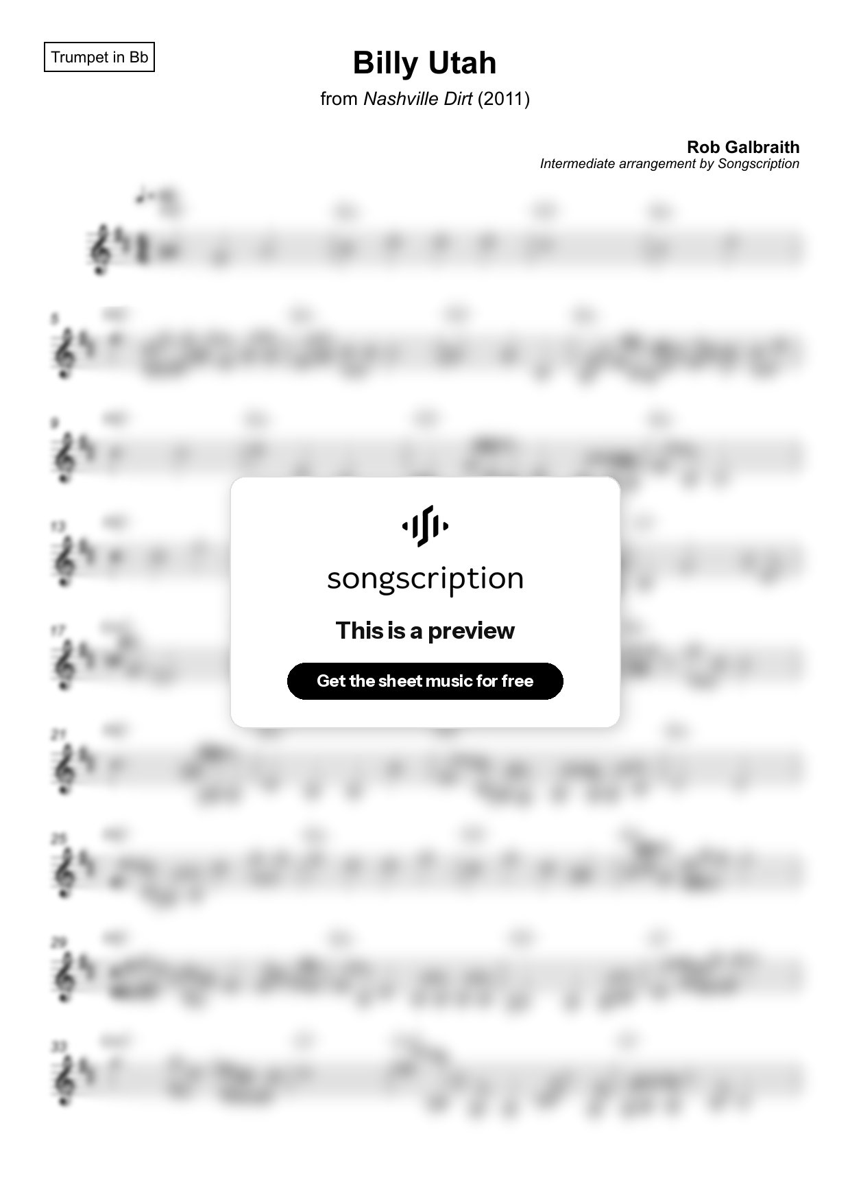Intermediate Trumpet Sheet Music for "Billy Utah" by Rob Galbraith