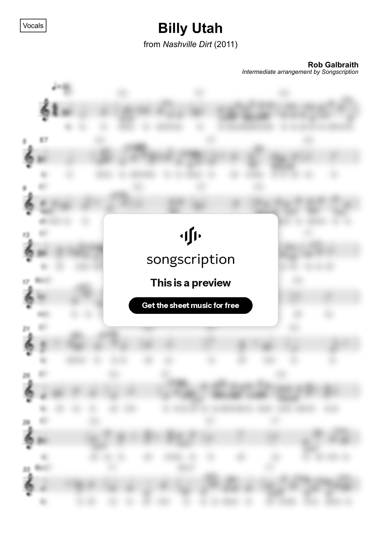 Intermediate Vocals Sheet Music for "Billy Utah" by Rob Galbraith