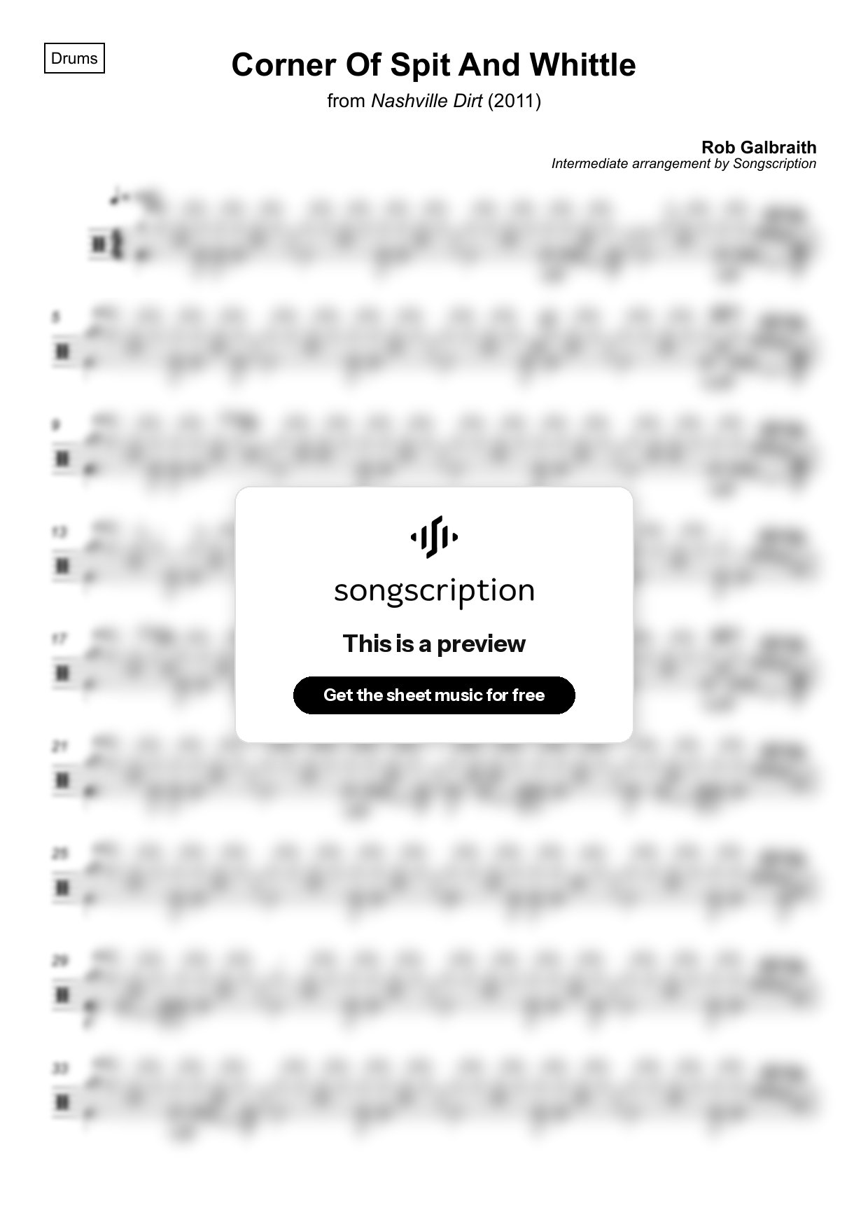 Intermediate Drums Sheet Music for "Corner Of Spit And Whittle" by Rob Galbraith